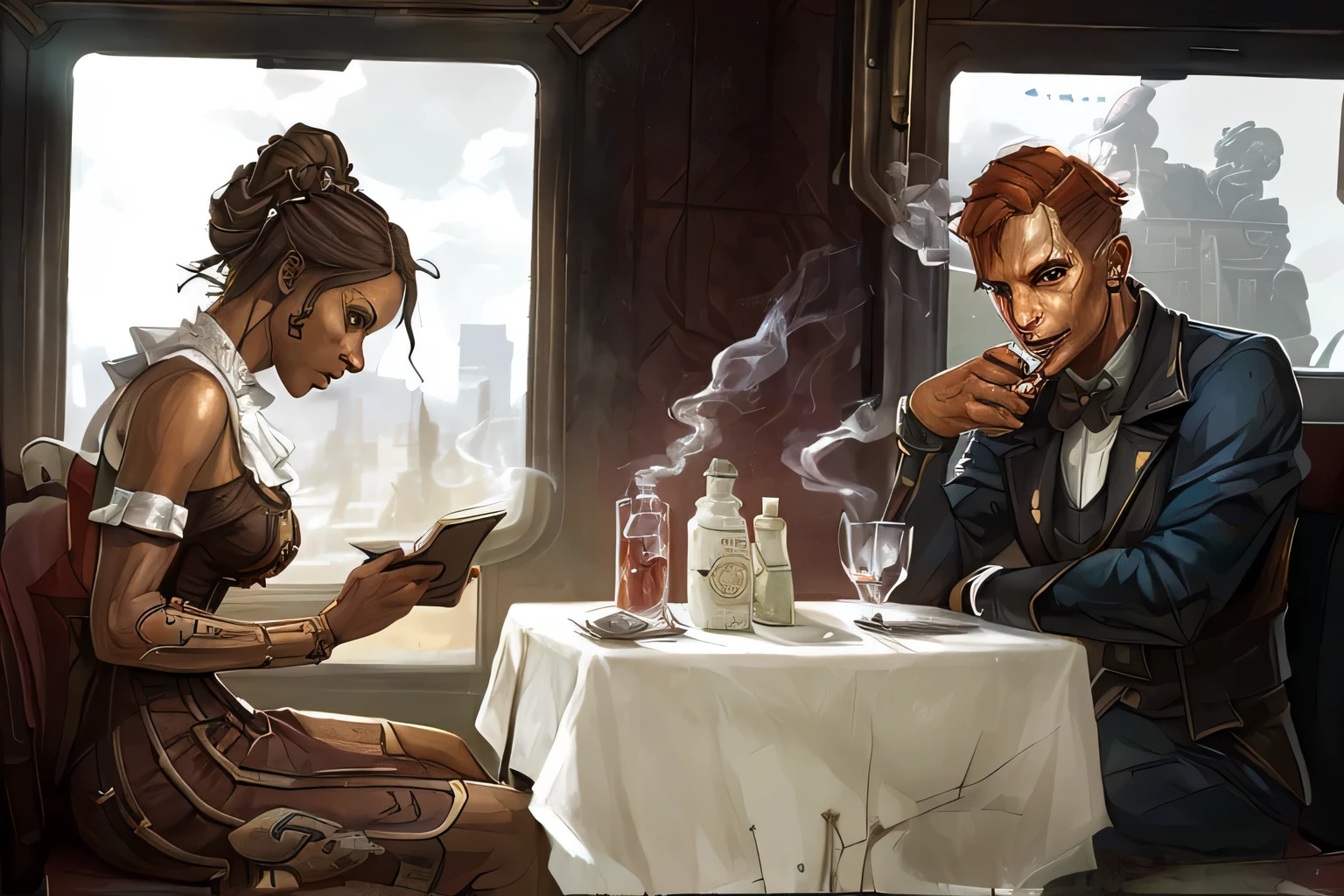 A dark-skinned woman in a Victorian dress is sitting in a train restaurant reading a book, in front of her is a red-haired man in a suit, with a cynical smile smoking a cigarette, photorealistic skin tone, Mayan realistic, realistic clothes, realistic clothes , highly detailed character, skin scattered underground, highly detailed clothes, small character. Unreal 5 engine, female character, wonderful designer substance, realistic skin color, Mayan 8 mil, realistic 3D character, highly detailed face, Dorohedoro, Dishonored style, Disco Elysium character, art style by Cédric Peyravernay