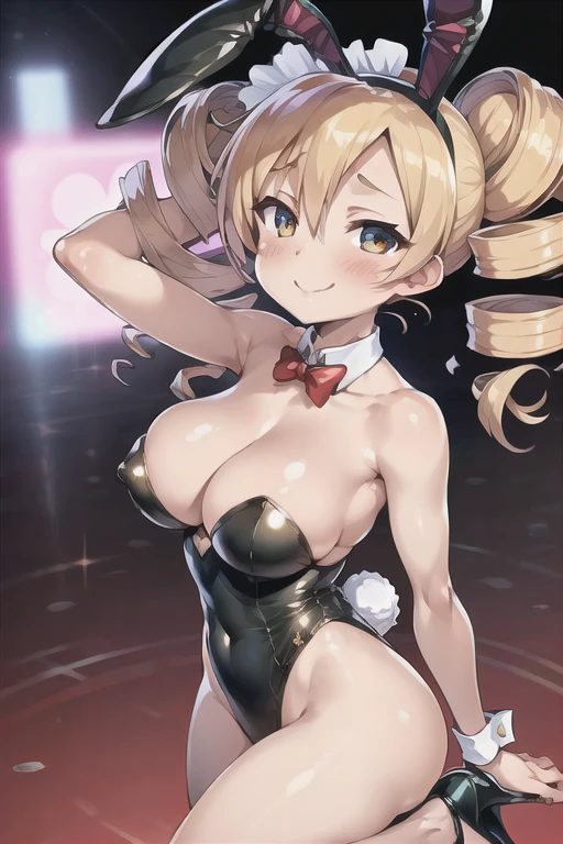(masterpiece), (highest quality), (figure), (Very detailed), (High resolution), (8k), (Perfect Anatomy), (Anatomically correct), One Girl, Very large , Big Bretails, Drill Hair, (Golden Hair), very cute girl, Short, young, , Young, delicate, Attention to girls, she, smile, 魅力的なsmile, blush, Best moment, , low length, Golden Eyes, Bright Eyes, Vivid eyes, cute, Thighs, Waistline, Being spoiled, Innocent, i love you, Love Viewer, Beautiful Skin, Beautiful body, cute face, delicate arms, Innocent, Boyfriend's gaze, Vivid eyes, Neat, blush, Sensual, whole body, Seductive, Detailed skin texture, Intricate details, Very detailedな顔, Beautiful Eyes, Big Eyes, heart, Inviting, Desire to monopoliote, Gorgeous, Beautifully shaped breasts, Looking up, I u, 魔法少女まどか☆マギカ, Mami Tomoe, Bunny girl, Fake rabbit ears head dress, Casino at night, High heels, Showing off,