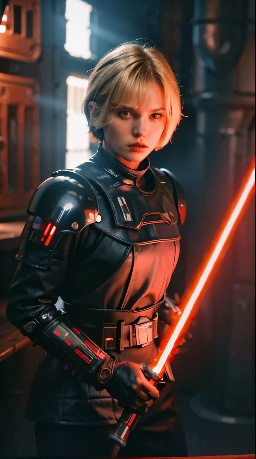 15 years old, short bob cut blonde hair, bang, fierce expression, sith lord from star wars, wearing dark armor, holding a red lightsaber, modelling pose, cowboy shot, Ultra high res, uhd, (photorealistic:1.4),