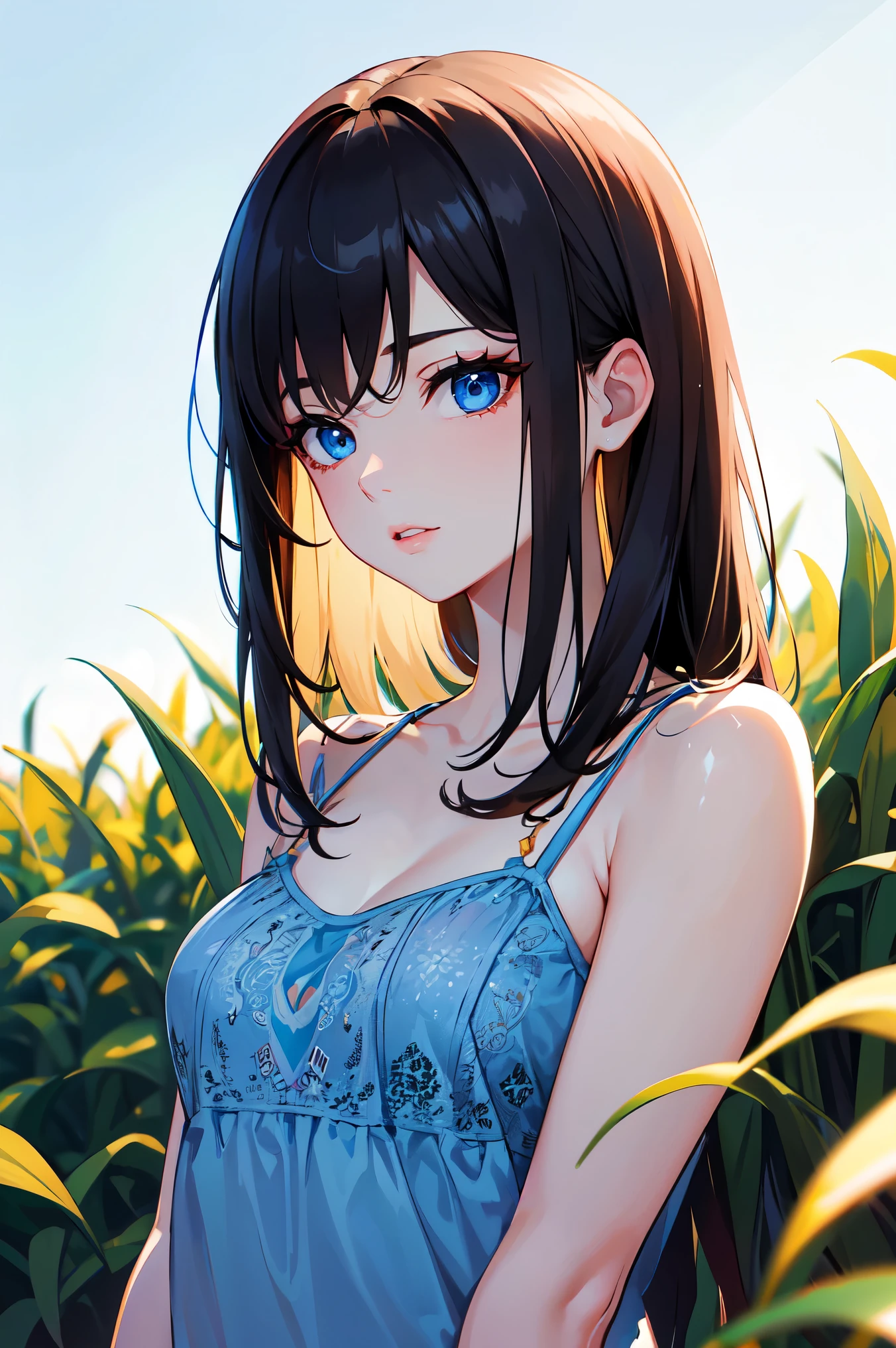 Absurd, Ultra-detailed,Bright colors,(8k:1.3),Masseter muscle area,Very beautifully detailed face and eyes, 20-year-old, Masseter muscle area、camisole、Long Hair、Brown Hair、Blue Eyes、Dense lips、Shortedium chest、Summer Morning、Corn farm