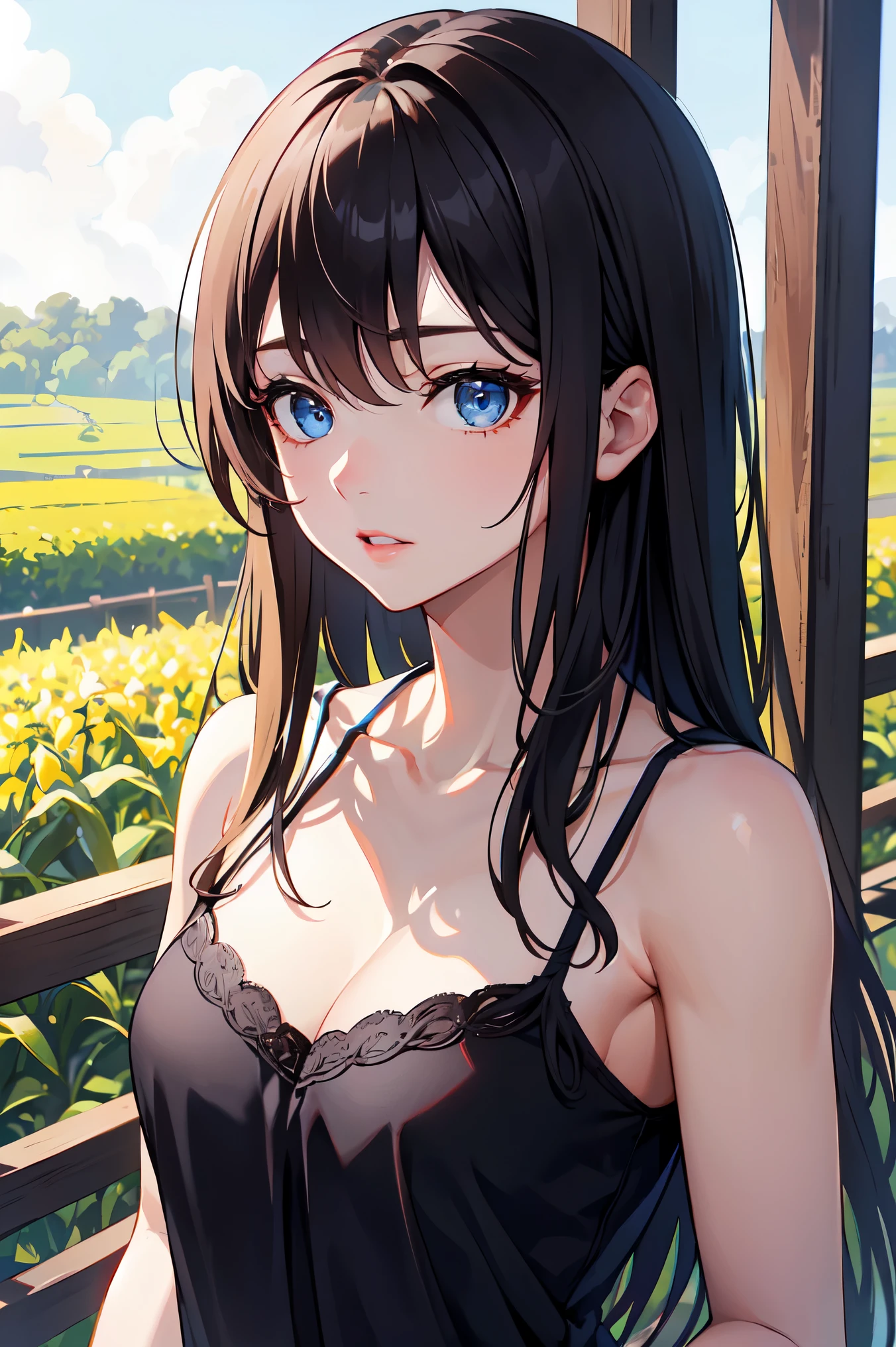 Absurd, Ultra-detailed,Bright colors,(8k:1.3),Masseter muscle area,Very beautifully detailed face and eyes, 20-year-old, Masseter muscle area、camisole、Long Hair、Brown Hair、Blue Eyes、Dense lips、Shortedium chest、Summer Morning、Corn farm