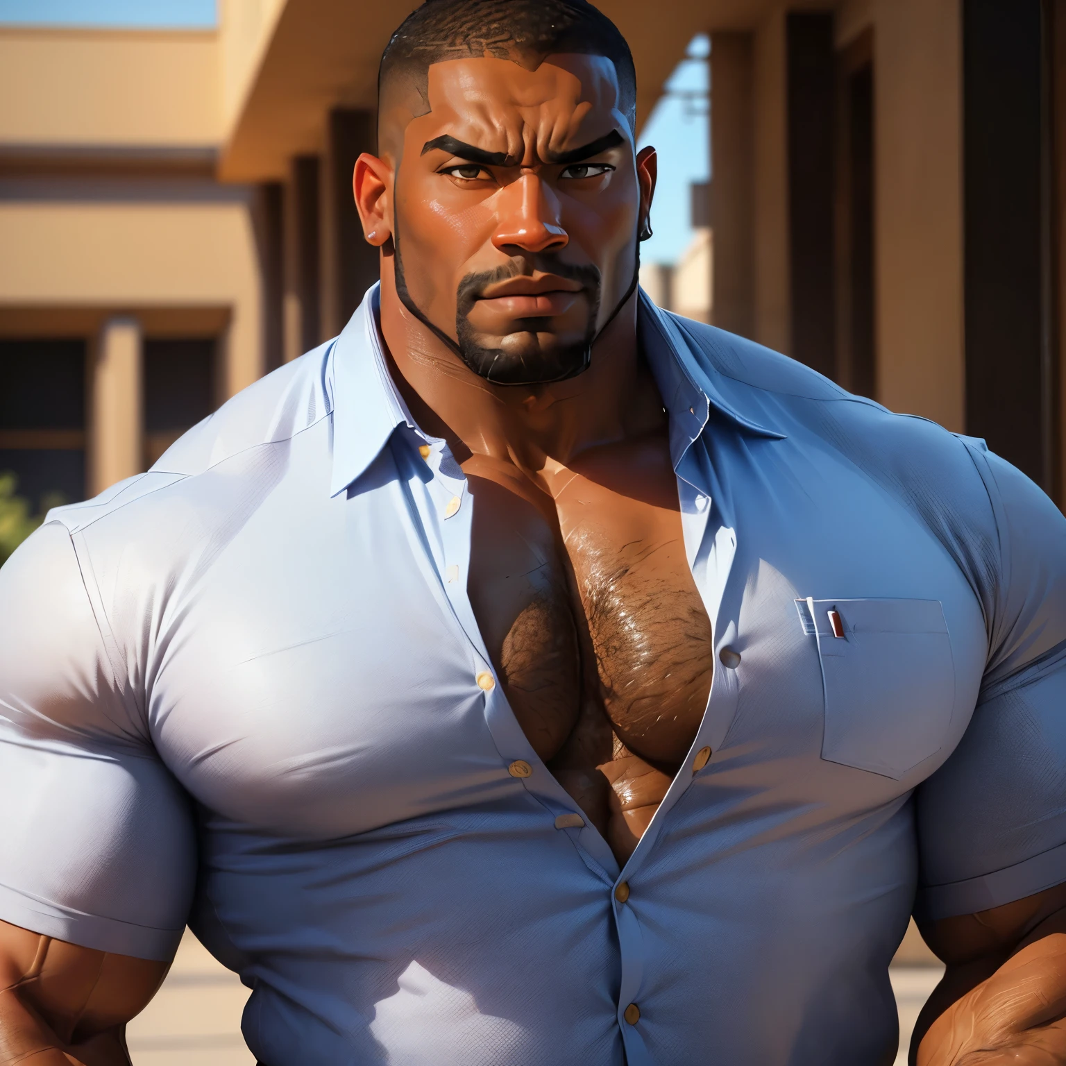 an exaggeratedly muscular and large bodyguard, beefy build, beard, dark-skinned african american male, buzzcut hair with square line, (worried expression: 1.2), (wearing unbuttoned business shirt: 1.2), open shirt, small name tag on shirt, (bara pecs: 1.3), (arm and chest hair: 1.1), close-up portrait HD, (grassy university courtyard)