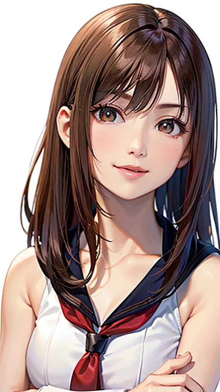 (highest quality, 8k, 32k, masterpiece, Hmph:1.2), (RAW Photos), (Realistic), (Photorealistic:1.2), (High resolution), Very detailedな, Very beautiful face and eyes, 1 girl,  Round and small face, Big breasts and small waist、(((Small breasts)))、(((White wall background)))、Slim figure, (Swimwear:1.23), (Bust Shot)、(((Redhead)))、((Short-sleeved sailor uniform))、Laughter、looks happy、(Cross your arms in front of the chest)、(close、highest quality、Attention to detail、Rich skin detail、Hmph)、(highest quality, 8k, Oil, Tabletop:1.2), Very detailed, (Realistic, Realistic:1.37), (((Full Body Shot)))、Bright colors, (((Cross your arms)))、(((Sexy vibe)))、(((20-year-old woman)))、(((Place your index fingers next to your face)))、((Messy Hair))、(((Naughty look)))、((Bust isＤcup))、(((Light brown hair)))、(((length)))、(((White Background))), (((A strong smile)))、(((Cleavage)))、(((Girlish hairstyle)))、(((Long Hair)))、(((In front of a white wall)))、(((Light brown hair)))、(((Laughter)))、(((Calm face)))、(((Chest circumference is 85 cm)))、(((Small breasts)))