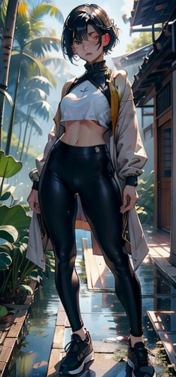 1female，Small ，Small breasts，solo，（Background with：bamboo forrest，lotuses，lotus flower，exteriors，Lotus pond） She has short black hair，standing on your feet，Sweat profusely，drenched all over the body，seen from the front， hair straight， mostly cloudy sky，（（（tmasterpiece），（Very detailed CG unity 8K wallpaper），best qualtiy，cinmatic lighting，detailed back ground，beatiful detailed eyes，Bright pupils，Black eyes，（Very fine and beautiful），（Beautiful and detailed eye description），ultra - detailed，tmasterpiece，）），facing at camera，A high resolution，ultra - detailed），revealing breasts，Bare genitalia，  Bulge，legs are open，Raised sexy，Camel toes，Flushed complexion，Open-mouthed，frontage，（Wearing：black legging pants，Skinny gel coat，nakeness，Gold wire embroidery，Bare breasts，Bare lower body，athletic sneakers）Full body photo，Show shoes