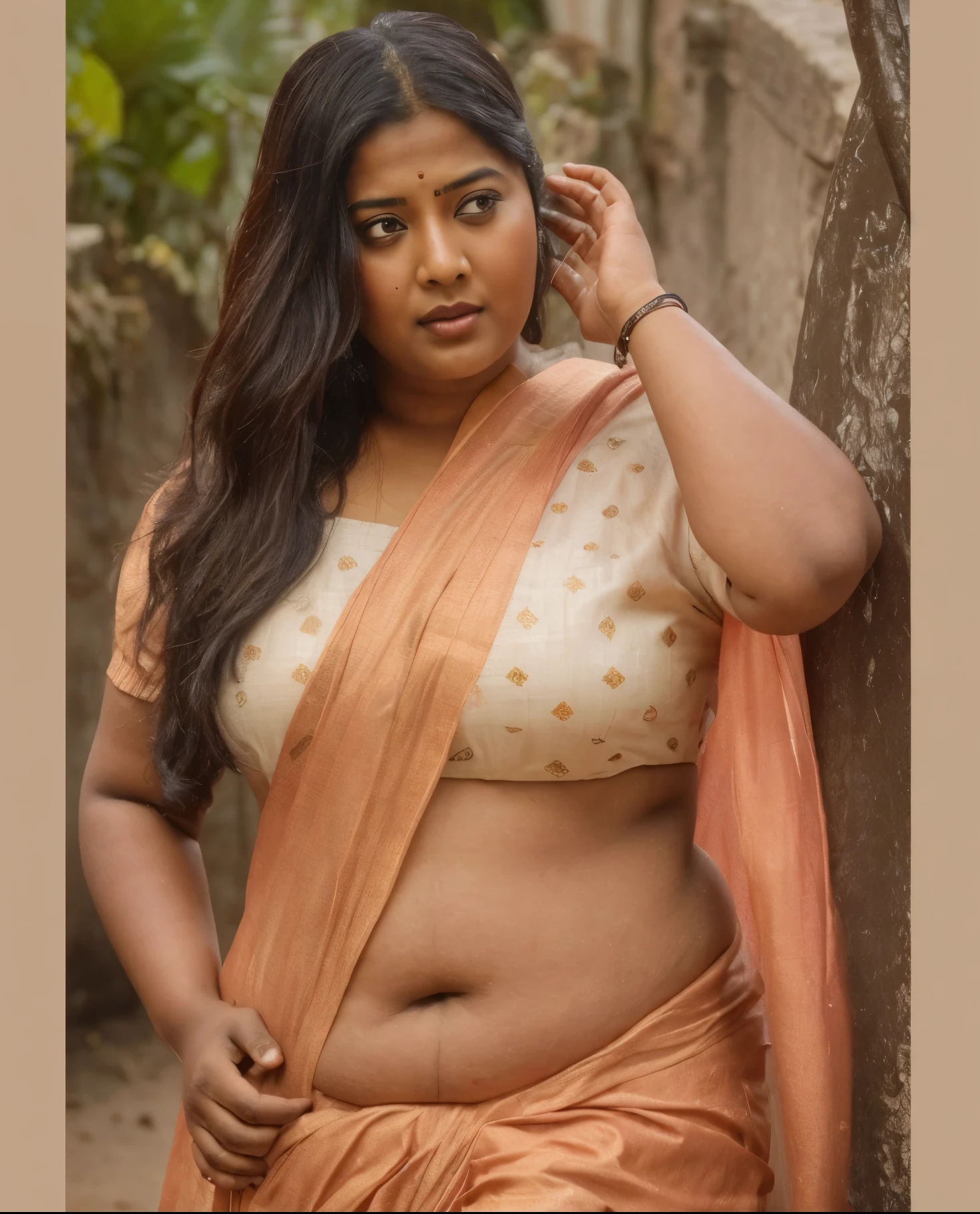 arafed woman in a pink sari, looks like Sandeepa Dhar, thick figure, chubby mallu aunty, heavy physique, voluptuous, curvy, traditional beauty, hindu aesthetic, assamese aesthetic, traditional makeup, indian goddess, indian girl with brown skin, wearing bihu dress mekhela sador, indian style, indian, gorgeous woman, south east asian with round face, a stunning portrait of a goddess, beautiful himalayan woman, beautymarks,