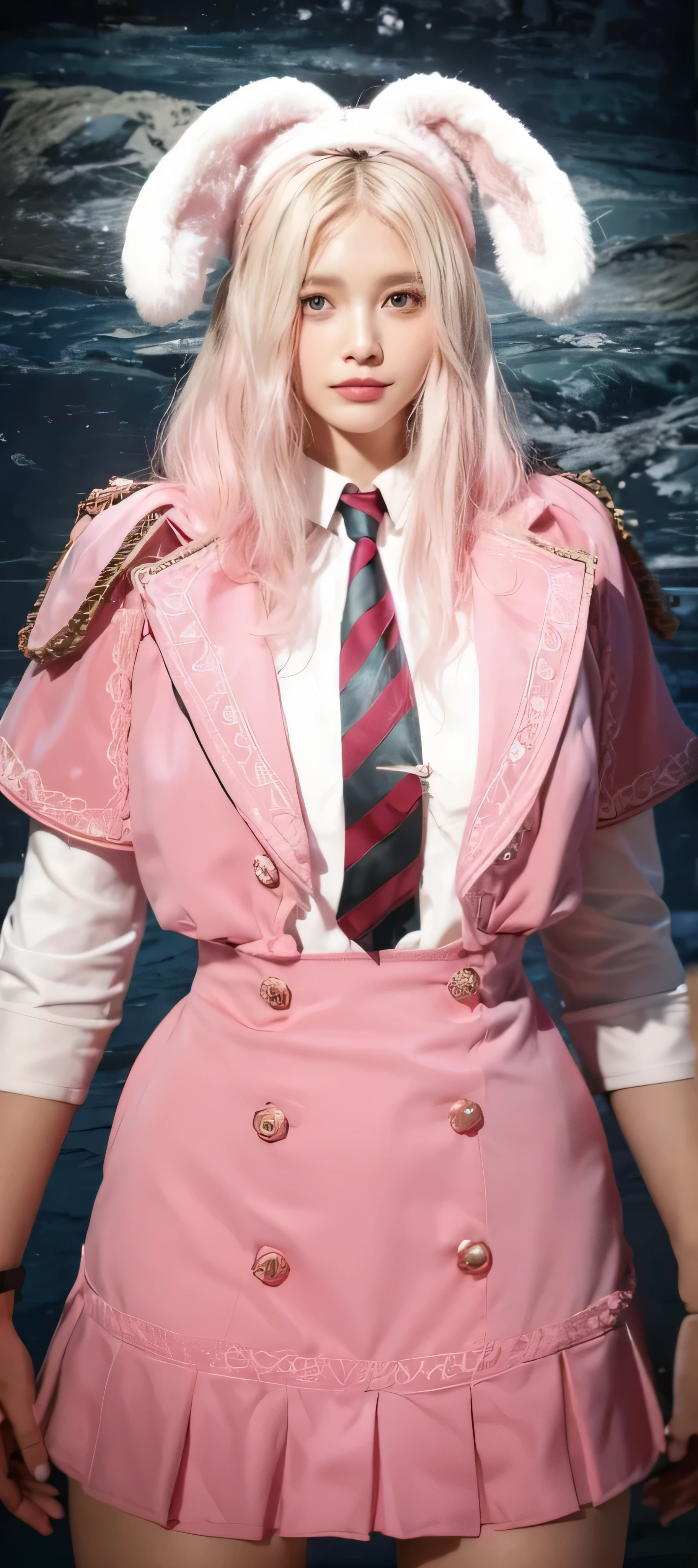 there is a woman in a pink dress and a bunny ears hat, very detailed and rich clothing, magic , pink and pink details, loose coat collar sailor uniform, sailor uniform, ((wearing aristocrat robe)), wearing a noblewoman's outfit, well - detailed outfit, wearing headmistress uniform, wearing a light - pink suit, slick pink armor, bunny ears headband, photorealistic:1.4, UHD, 8K