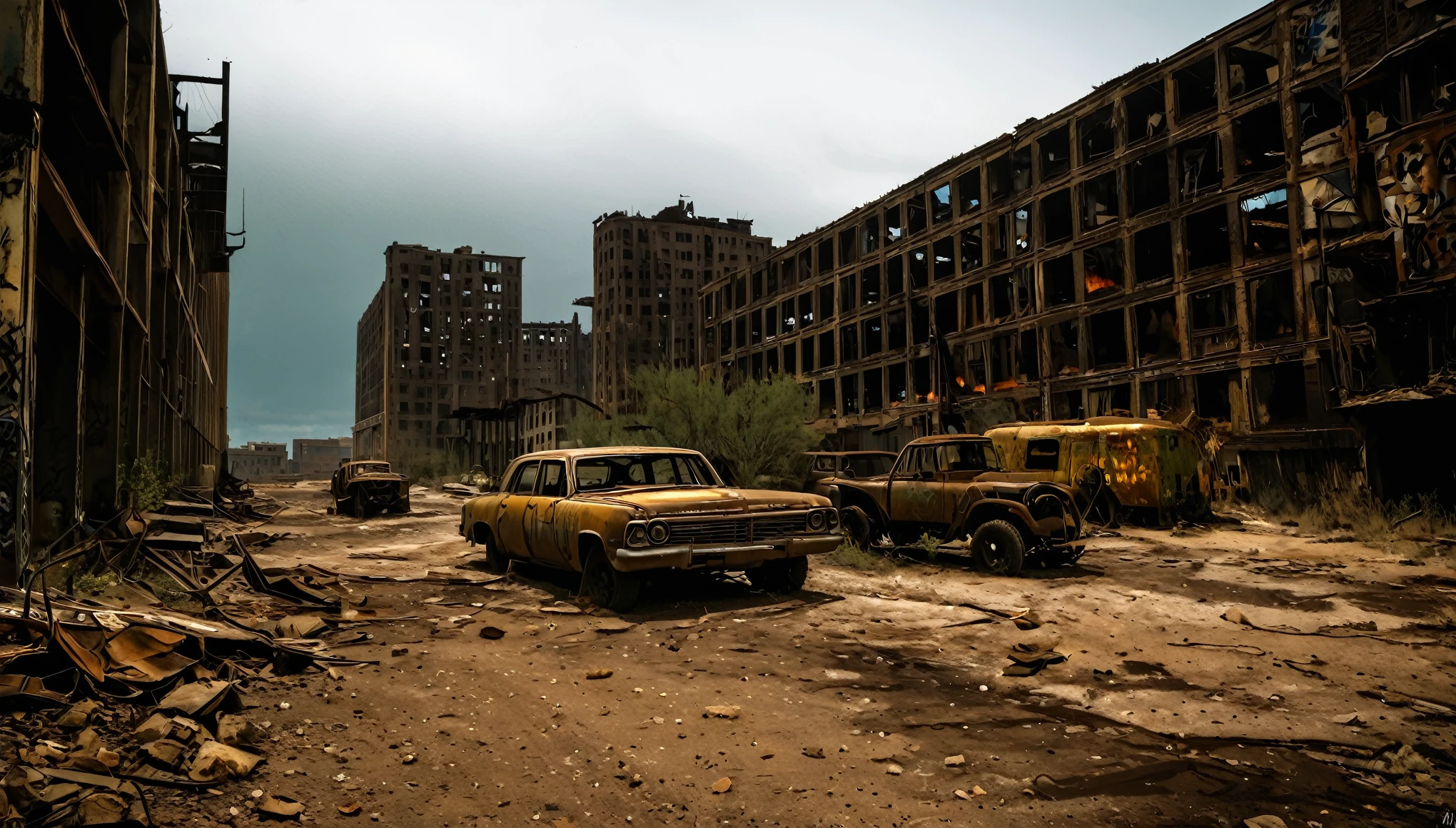 burned buildings, abandoned vehicles, toxic atmosphere, dark and gloomy, dusty and desolated, ruins, deserted streets, crumbling infrastructure, faded graffiti, twisted metal, decaying skyscrapers, overgrown vegetation, scavengers, rusty machinery, eerie silence, flickering fires, makeshift shelters, remnants of civilization, distant howling winds, sense of desolation and despair, scarce resources, survival instincts, rugged landscapes, barren wasteland, somber colors, harsh lighting, dramatic shadows, hauntingly beautiful. (best quality, ultra-detailed, realistic, HDR), wasteland, dystopian, desolation, atmospheric, post-apocalyptic, ruins, decay, darkness, mystery.
