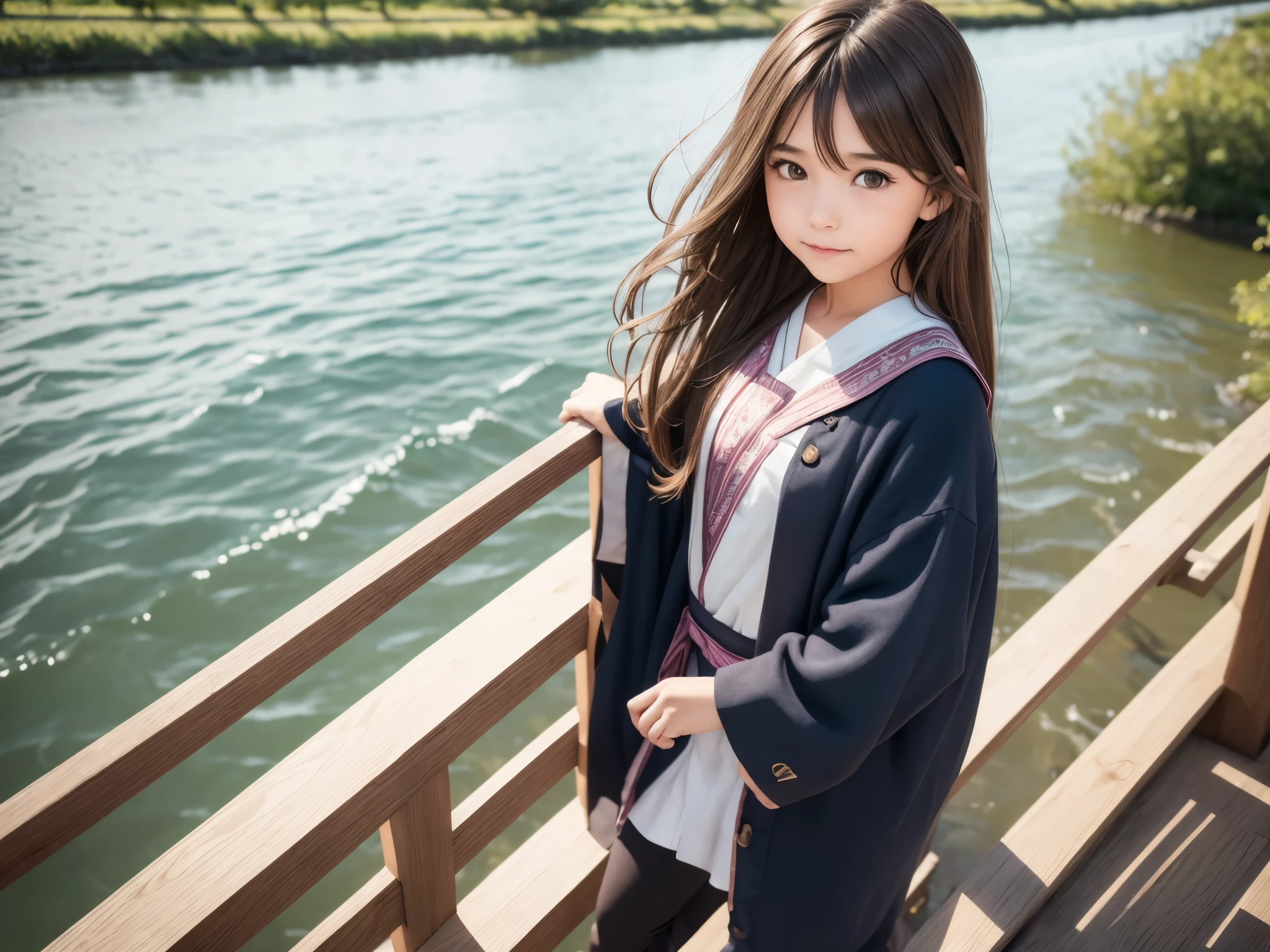 
young  

(girl) 

hair swaying in the wind 

(brown hair) 

calm smile 

set up clothes for kids 

(Girl's costume) 

Calm river seen from the bridge 

Japanese  face 

