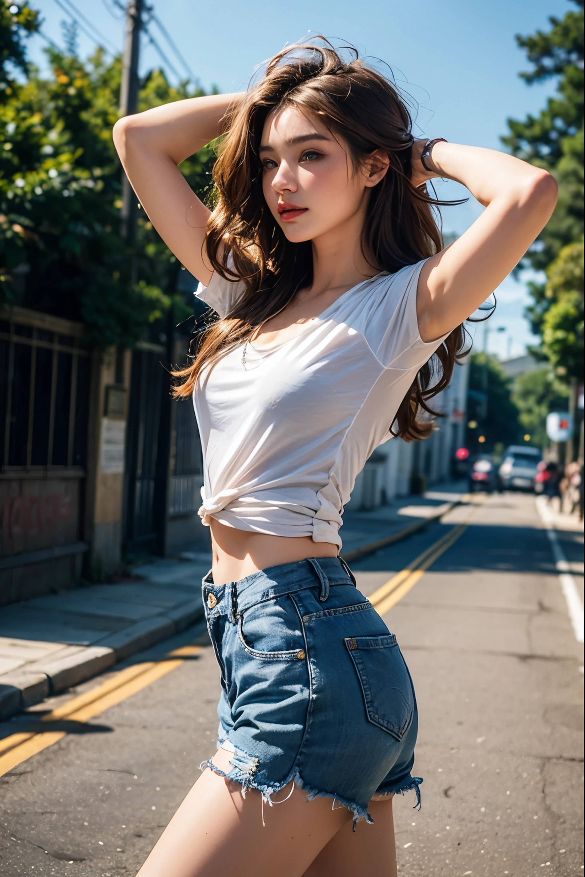((Generate hyper realistic image of  captivating scene featuring a stunning 20 years old girl,)) with medium long blonde hair, flowing curls, semi side view, standing with arms raised over his head, donning a jeans shorts and a trendy slogan black tee with sleeves rolled up, piercing, blue eyes, photography style, Extremely Realistic