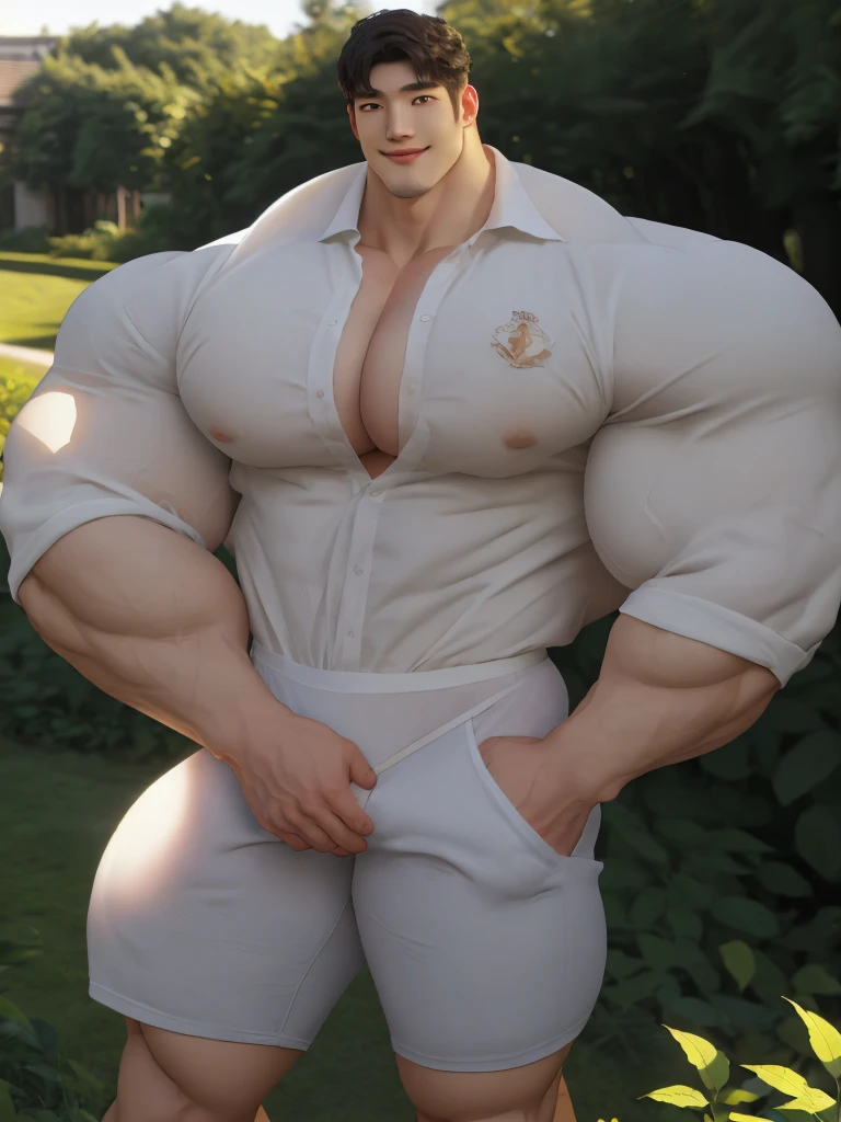 1boy korean male, (korean man with k-pop idol look), giant, model shoot style, looking at viewer, standing, strong body, standing, in the garden, white singlet & underpants, prominent large bulge, brutalmass, detailed face, heavy muscular, stubble, photo real, sexy, big, brutalmass, giant, muscular body, bulk, massive body, large size, smile, illuminating light, golden hour, outdoor