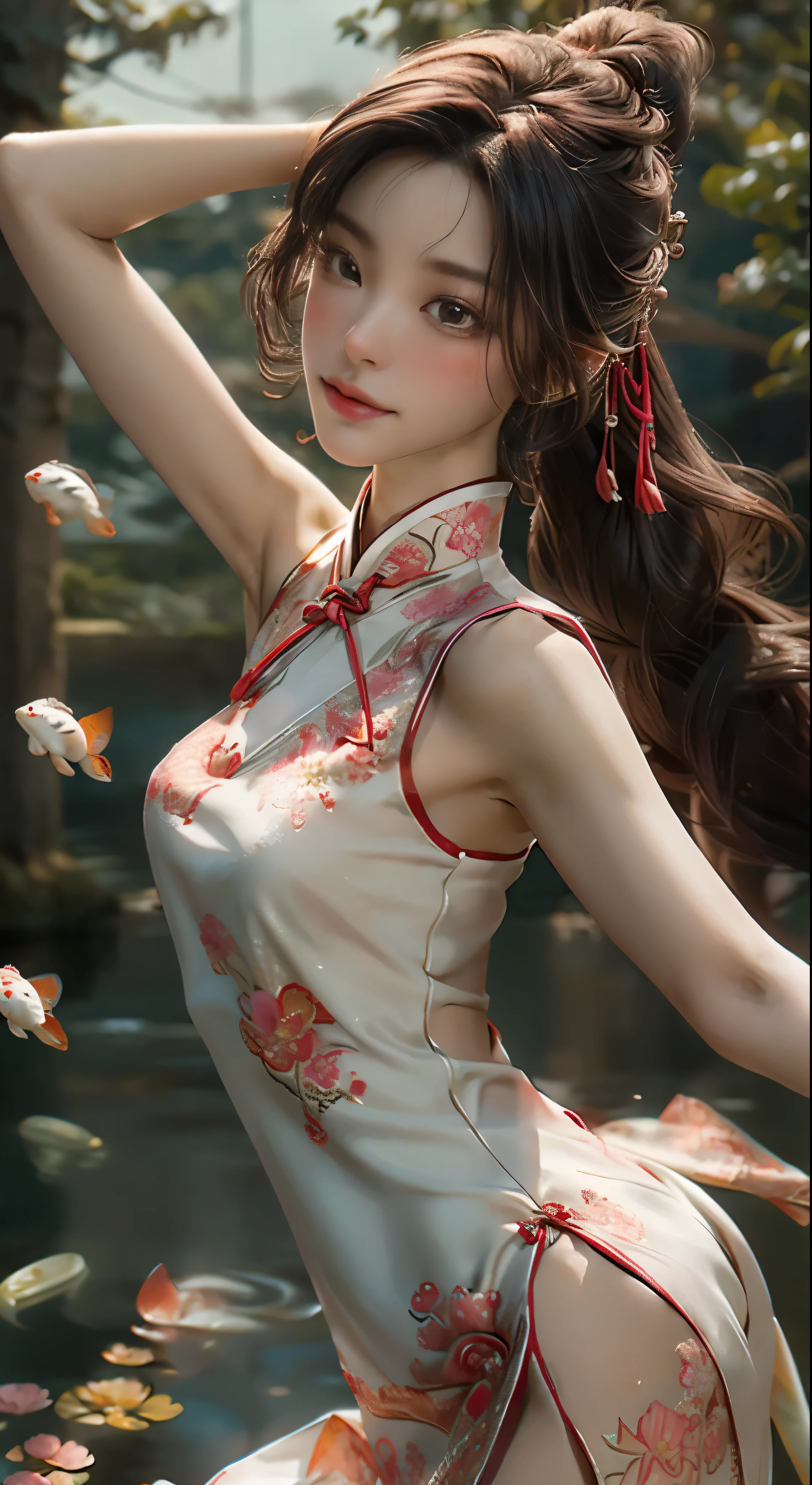 (Masterpiece:1.3), best quality displayed in every detail, high resolution image, ultraciniallydetailed Chinese style white dress, exquisitely crafted cheongsam with elegant and intricate designs, colorful and lustrous fabric that catches the light, dress delicately floating in the wind, dramatic angle capturing every detail, close natural (close-up) focus on the intricacies of the dress, koi fish swimming in a nearby pond adding a pop of color, warm colors reminiscent of sunlight focusing on the model's skin, champagne hues complementing the dress, extra long ribbon perfectly tied in a bow, open back revealing many detailed elements, pink pet