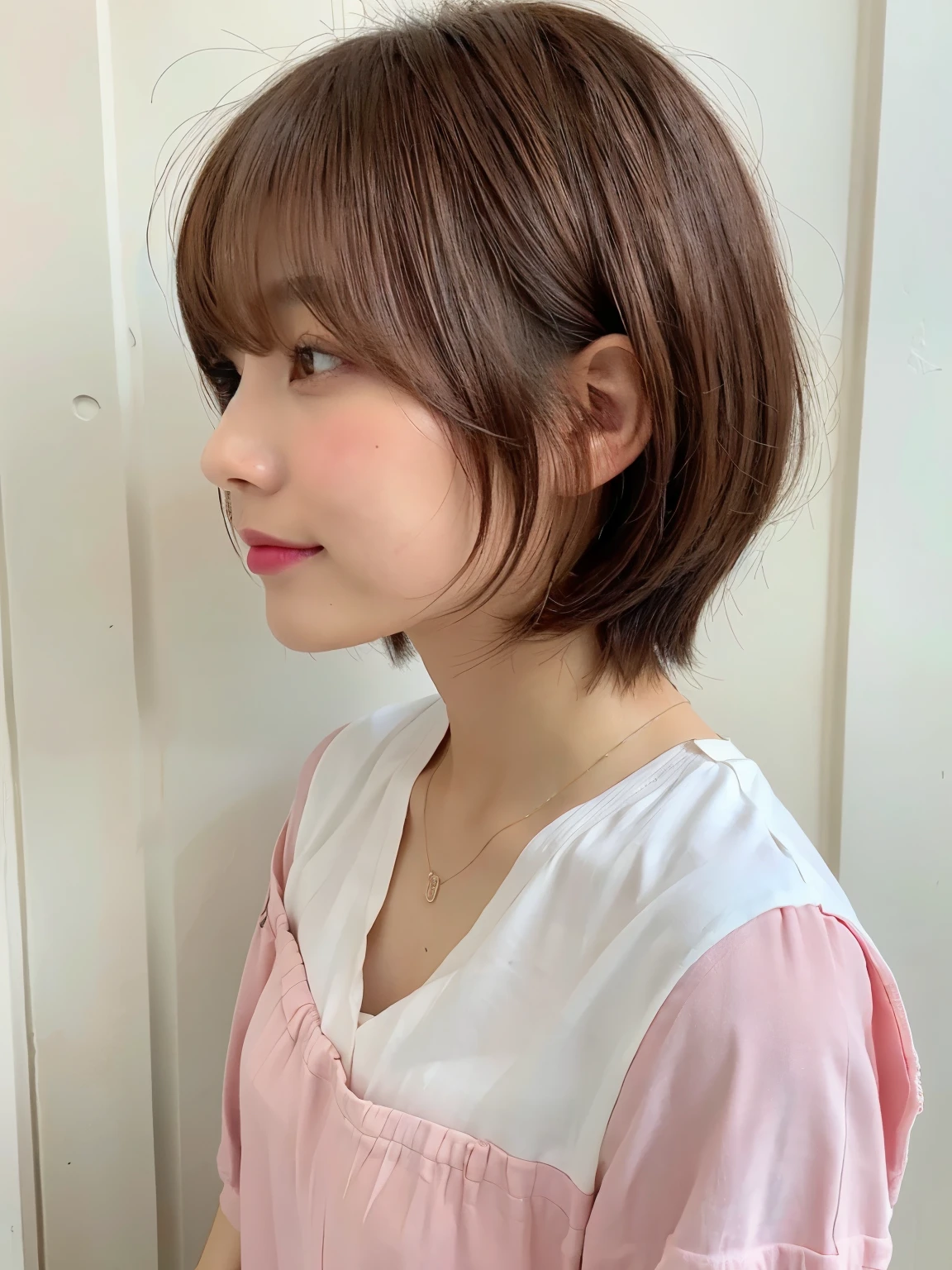White wall、Taken in front of a white door、(Dark pink hair color)、(8k、Live Shooting、highest quality、masterpiece:1.2)、High-quality RAW color photos、Professional photos、(Genuine、フォトGenuine:1.37)、Photographed in natural light、1 girl、Lazy smile、(Various poses)、Blake is (Ombre:1.3) 、Spring Clothes、 necklace、(Beautiful profile:1.3)、Don'Don't look at the camera、profile、Shortcuts、((Brown Hair))、short hair、The eye color is dark brown、(Beautiful profile:1.3)、Correct hand of human body、Look Down、pastel colored blouse