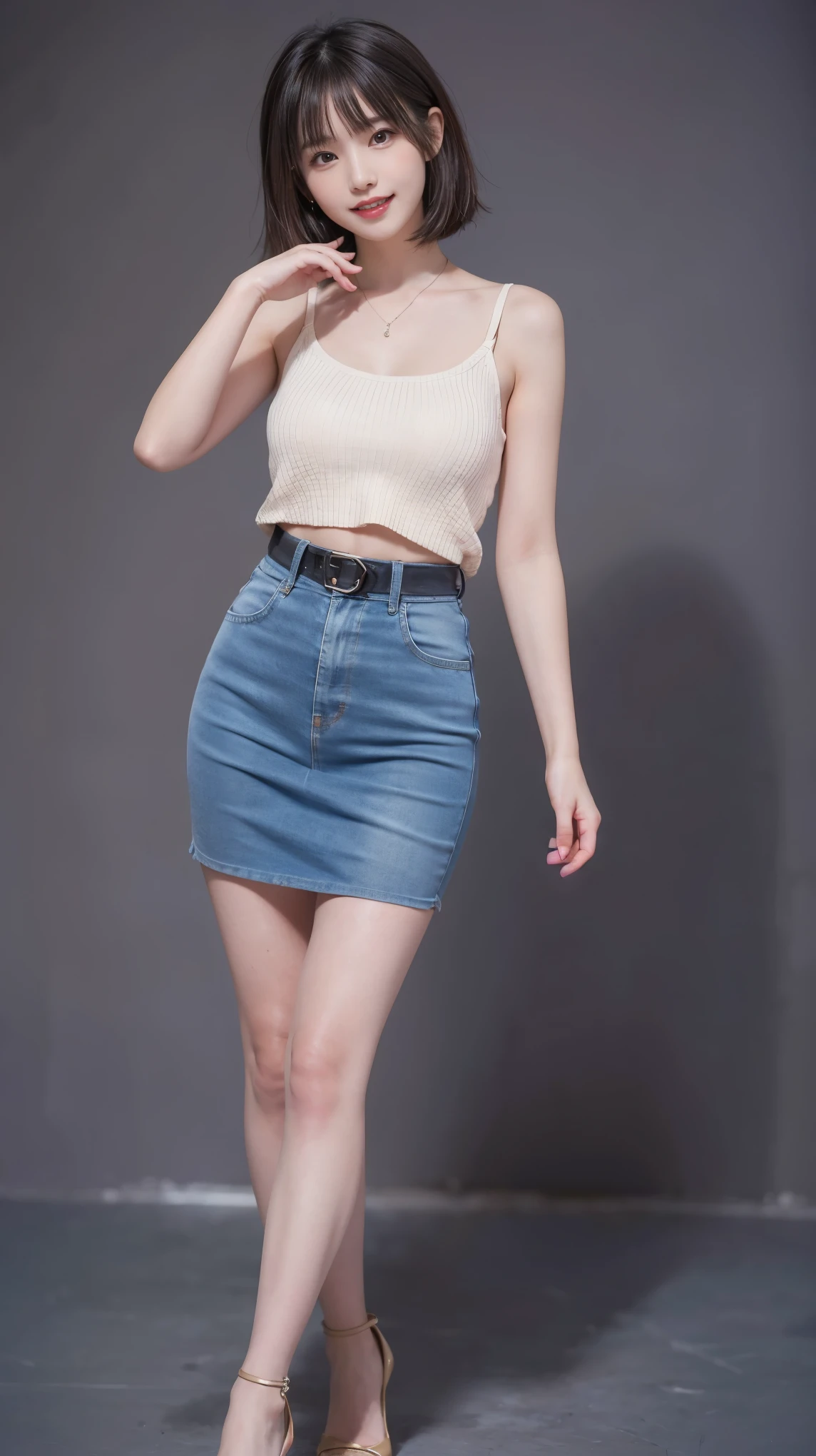 highest quality,masterpiece,Ultra-high resolution,Original photo,Ultra-high resolution,Beautiful woman 25 years old woman'Fashion that was popular in the 2000s,Clothing from the Heisei era in Japan,Long legs:1.5,high waist,Full Body,Flashy makeup using red eyeshadow,Big smile,Short cut with subtle side waves,whole body,Gray background,