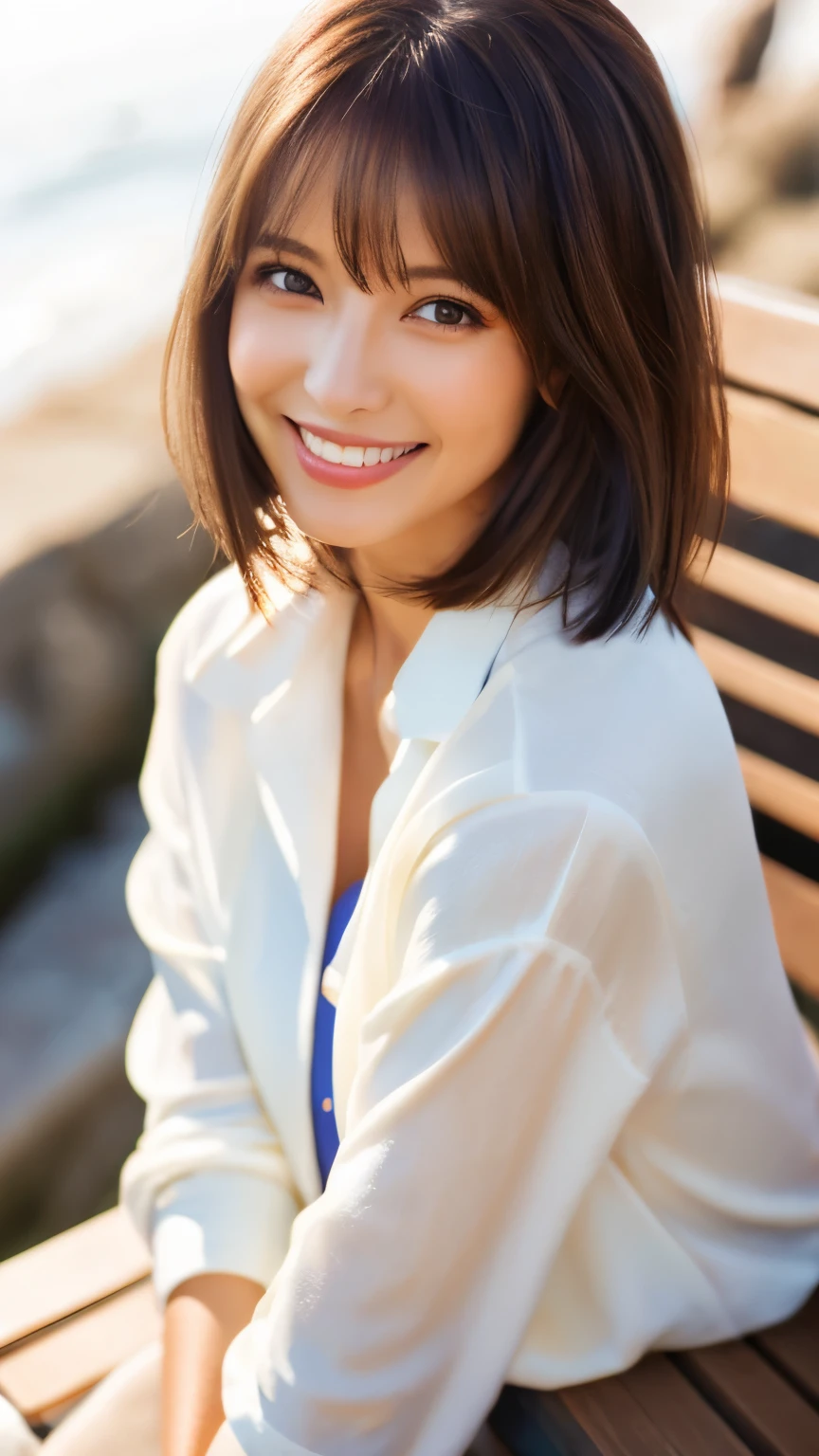 Product quality, 1 girl, Upper Body Shot, Front view, Young and pretty girl in Japan, Long Bob Hair, Wearing a wedding ring, Sitting on a beach bench with a big smile, Over a white satin silk collared shirt、Wearing a light yellow long cardigan, Wearing light brown long jeans, She has a can of coffee in her hand, Super cute face, Glossy Lips, Double eyelids on both eyes, Natural Makeup, shiny smooth light brown hair of Long Bob Hair, Asymmetrical bangs, Sunburned skin, High resolution, Attention to detail, Detailed hairstyle, Detailed face, Cinema Lighting, Octane Rendering, Ultra-realistic, Perfect limbs, Perfect Anatomy