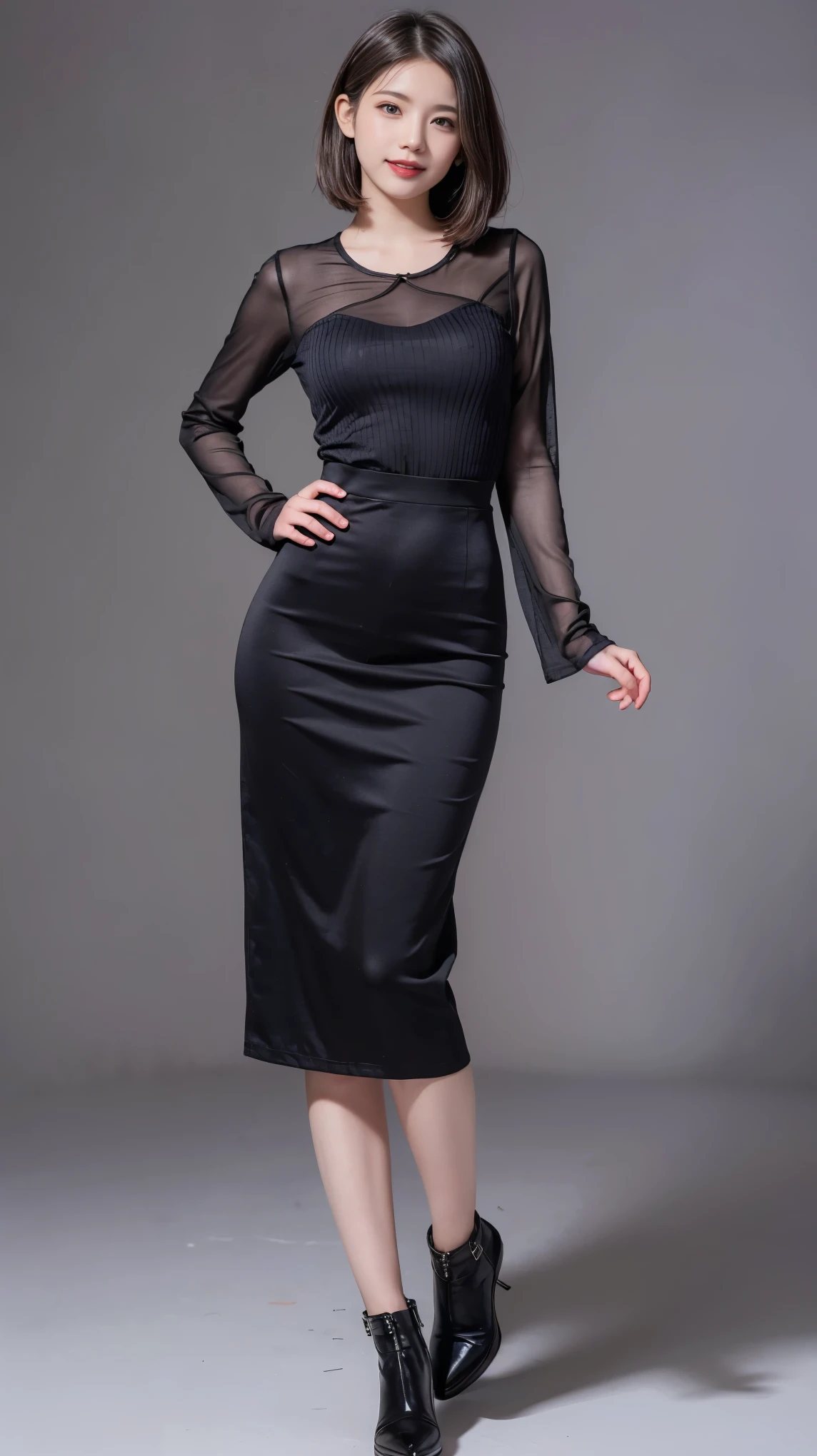 highest quality,masterpiece,Ultra-high resolution,Original photo,Ultra-high resolution，Beautiful woman 25 years old woman&#39;Fashion that was popular in the 2000s，Clothing from the Heisei era in Japan，Long legs:1.5，high waist，Full Body，Flashy makeup using red eyeshadow，Big smile，Short cut with subtle side waves，whole body，Gray background，