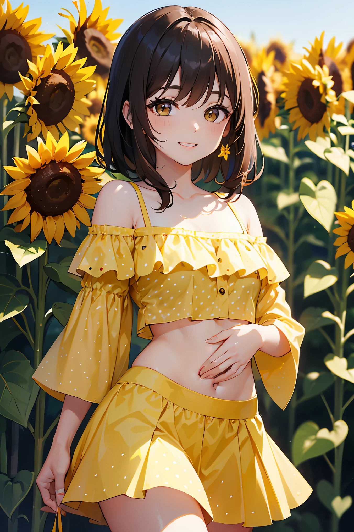 Absurd, Ultra-detailed,Bright colors,(In 8K:1.3),Masseter muscle area,Very beautifully detailed face and eyes, Age 25,(Smooth wavy brown hair:1.3), (shiny medium hair:1.2),(Straight Bangs:1.2) Delicate and beautiful face, blush、(Dark brown eyes:1. A puffy off-the-shoulder yellow and white with yellow polka dot short skirt:1.3), Belly button exposed、Are standing around with sunflowers, Close your eyes and smile with your teeth showing, Sunflower field, A lovely spot of nature, Are standing, Detailed face.