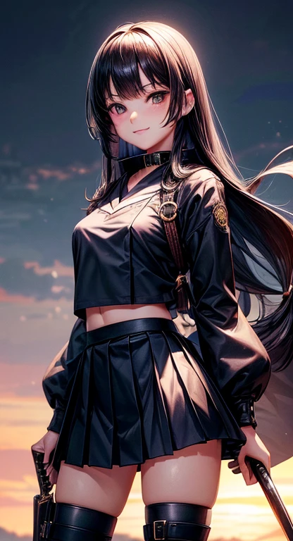(Official art、Best Quality、Unity 8k Wallpapers、32K、 masterpiece、ultra-detailliert、High resolution,Perfect Anatomy),(natural soft light:1.2),Detailed beautiful face and eyes,cowboy shot,(focus 1woman,solo),25-years old,Adult beauties:1.4、japanes,swordsmen、 (black hair,long hair,blunt bangs,black eyes),a smile,(smaller head:1.4,ideal ratio body proportions:1.4,skinny:1.2,tiny breasts),(navy blue collar:1.3,Navy pleated mini skirt:1.3)、Carry a Japan sword on your waist、Combat boots、steam punk:1.2,