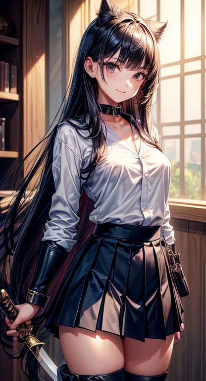 (Official art、Best Quality、Unity 8k Wallpapers、32K、 masterpiece、ultra-detailliert、High resolution,Perfect Anatomy),(natural soft light:1.2),Detailed beautiful face and eyes,cowboy shot,(focus 1woman,solo),25-years old,Adult beauties:1.4、japanes,swordsmen、 (black hair,long hair,blunt bangs,black eyes),a smile,(smaller head:1.4,ideal ratio body proportions:1.4,skinny:1.2,tiny breasts),(navy blue collar:1.3,Navy pleated mini skirt:1.3)、Carry a Japan sword on your waist、Combat boots、steam  punk:1.2,