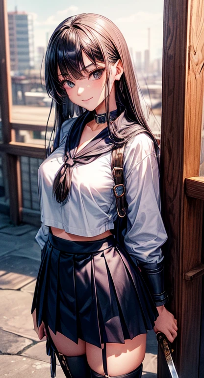 (Official art、Best Quality、Unity 8k Wallpapers、32K、 masterpiece、ultra-detailliert、High resolution,Perfect Anatomy),(natural soft light:1.2),Detailed beautiful face and eyes,cowboy shot,(focus 1woman,solo),25-years old,Adult beauties:1.4、japanes,swordsmen、 (black hair,long hair,blunt bangs,black eyes),a smile,(smaller head:1.4,ideal ratio body proportions:1.4,skinny:1.2,tiny breasts),(navy blue collar:1.3,Navy pleated mini skirt:1.3)、Carry a Japan sword on your waist、Combat boots、steam punk:1.2,