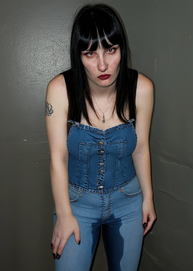 (pp clothes), photo, sad expression, tears, woman, jeans, black hair, bangs, goth, beautiful woman, pretty face