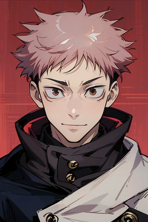 young boy, Smile, Itadori Yuji, uniform jujutsu blue, brown eyes, pink hair, short hair, anime style jujutsu kaisen. Strongest.  cinematographic