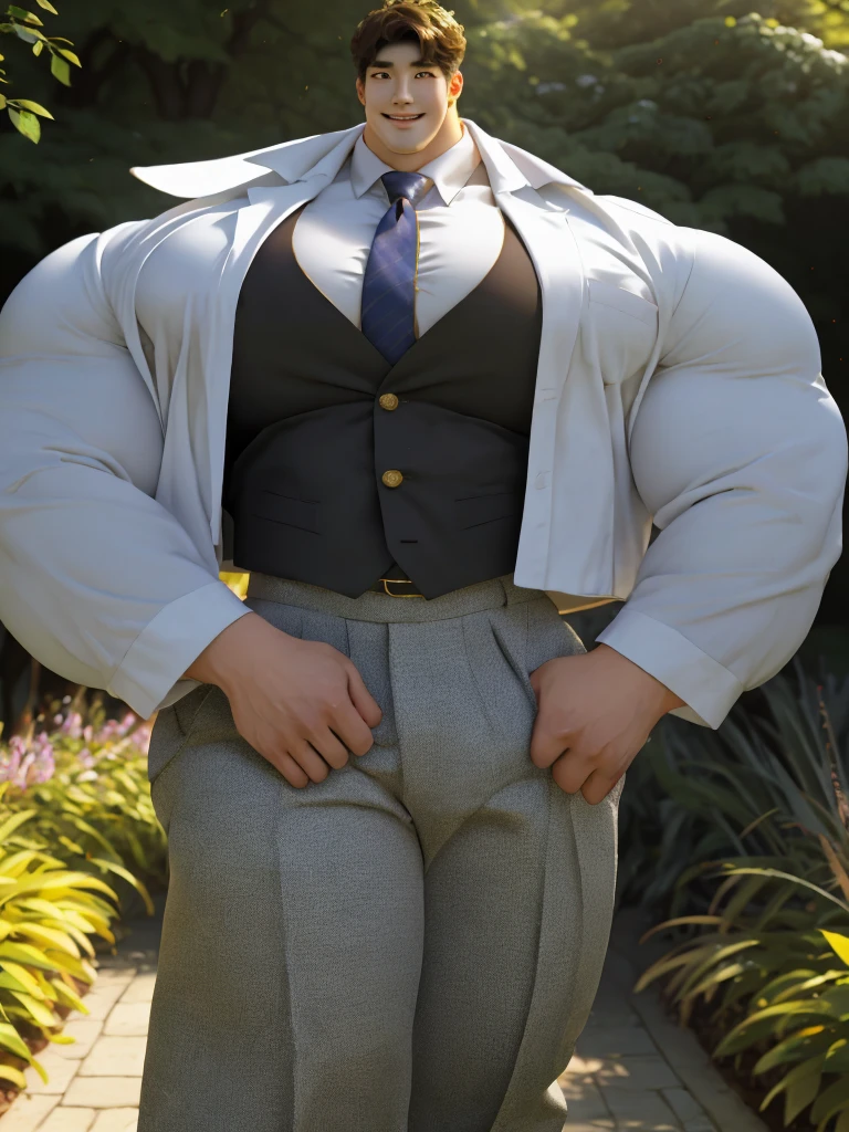1boy korean male, (korean man with k-pop idol look), giant, model shoot style, looking at viewer, standing, strong body, standing, in the garden, formal suit & pants, prominent large bulge, brutalmass, detailed face, heavy muscular, stubble, photo real, big, brutalmass, giant, muscular body, bulk, massive body, large size, smile, illuminating light, golden hour, outdoor