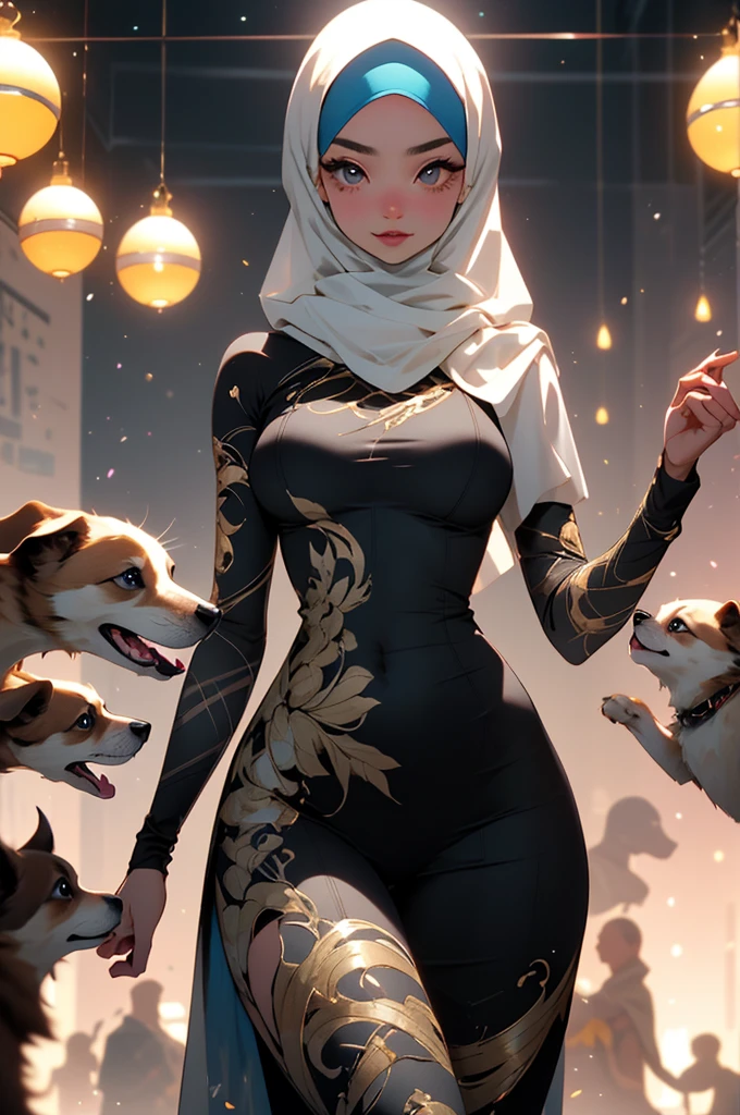 A malaysian woman (age 20, hijab no hair showing, athletic, a lite extra padding, hourglass figure, dressed appropriate o the scene) she is doing a commercial for PETA unclad, she is playing with puppies and having a ball