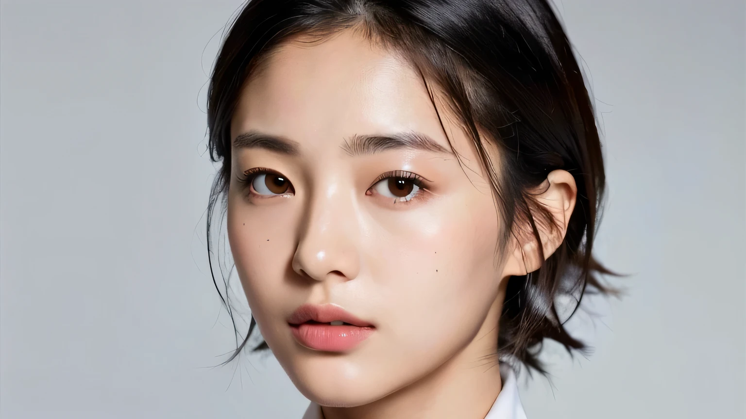 (highest quality, 8k, 32k, masterpiece, Ultra-high resolution:1.2), One girl, Beautiful Japanese Women, Black suit, Open jacket, office lady, from the front, White background, Detailed face, short hair,teacher,Upper Body,Looking straight at me,(The whole face is shown.),(standing upright),
