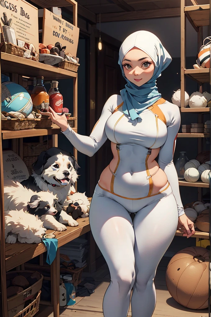 A malaysian woman (age 20, hijab no hair showing, athletic, a lite extra padding, hourglass figure, dressed appropriate o the scene) she is doing a commercial for PETA unclad, she is playing with puppies and having a ball