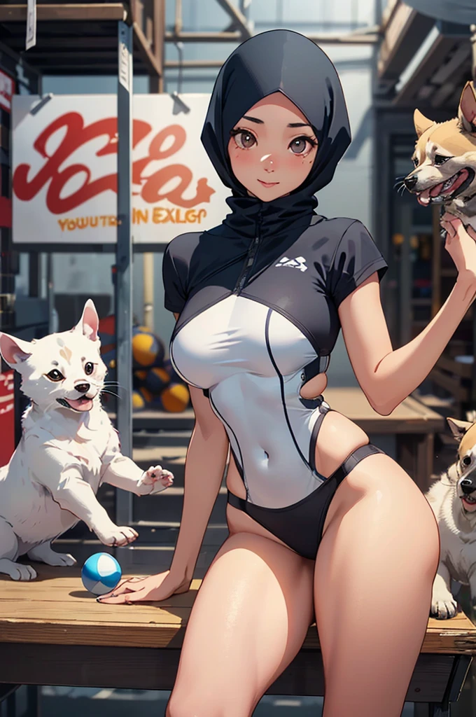 A malaysian woman (age 20, hijab no hair showing, athletic, a lite extra padding, hourglass figure, dressed appropriate o the scene) she is doing a commercial for PETA unclad, she is playing with puppies and having a ball