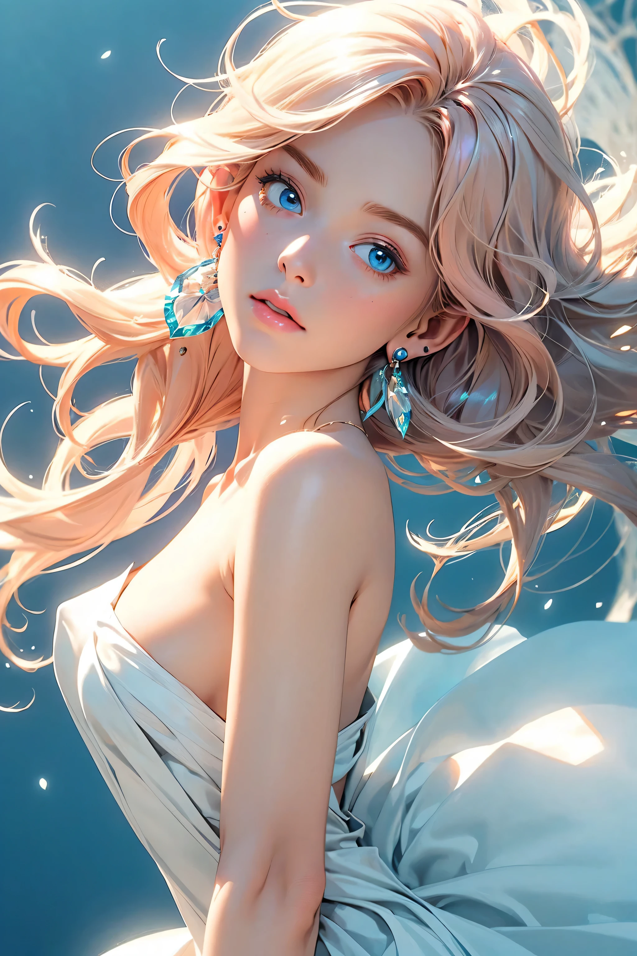 ((best quality)), ((masterpiece)), (detailed), detailed skin, Sapphire Eyes, Long Peach hair with thick waves, white silk dress, fluid dynamics, big breasts, brilliant golden halo, creative, tangled, get caught in, High_Lips, (fractal art:1.1), (aquamarine), (pink hair), (orange hair), highest detailed, (zentangle:1.2), (dynamic pose), (abstract background:1.3), (earrings:1.4), (Shiny white skin), tiffany blue, gold, (Big breast), (better delicate eyes), (white dress), (model body), (upper body naked nude), ((close-up face)), happiness, (bright blue eyes), starry, Blue eyes, Ultra-realistic and vivid textures, hard curly, Lovely