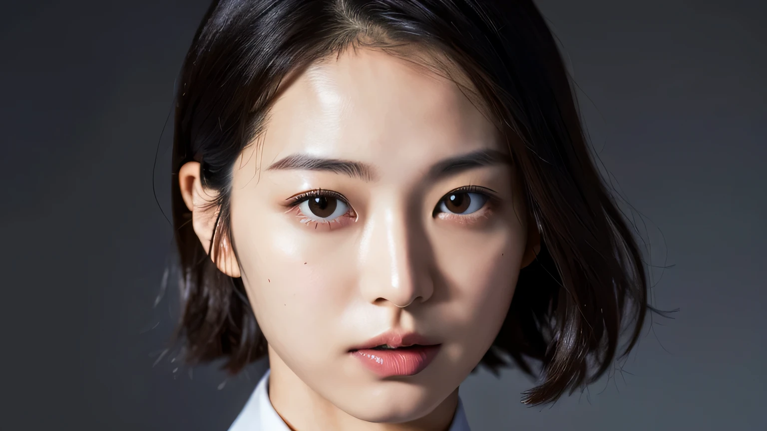 (highest quality, 8k, 32k, masterpiece, Ultra-high resolution:1.2), One girl, Beautiful Japanese Women, Black suit, Open jacket, office lady, from the front, White background, Detailed face, short hair,teacher,Upper Body,Looking straight at me,