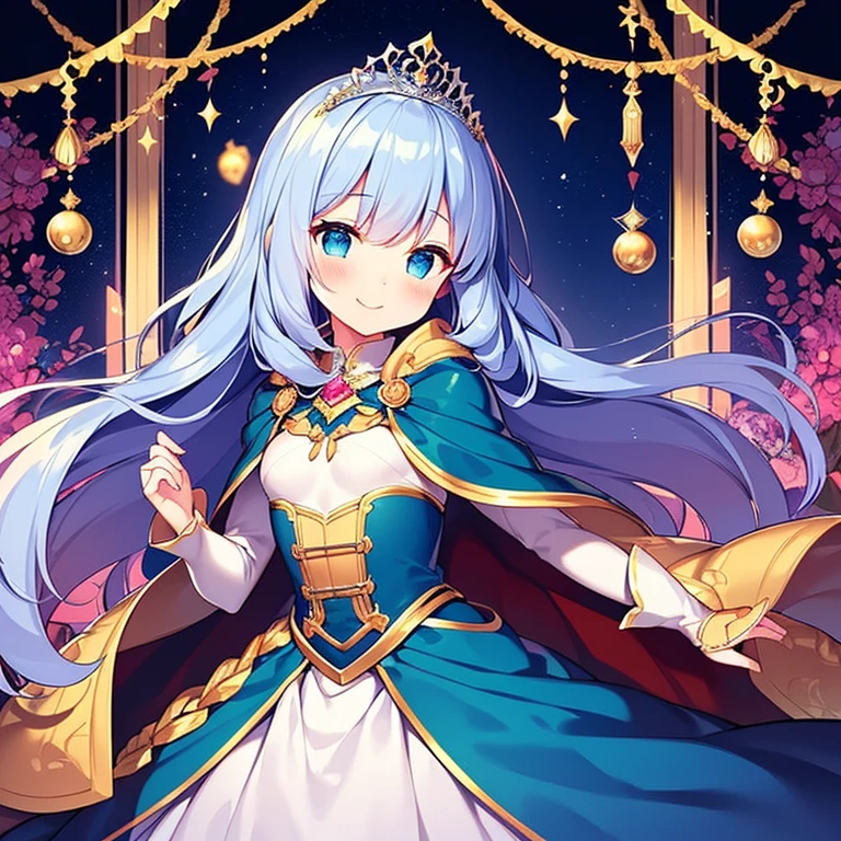 (kawaii),(best quality),(ultra detailed), upper body,(rococo style),(long train deep blue cape:1.15), very long cape,(long train deep blue ball gown with flower decorations:1.05), a girl is wearing a cape over her gown, 1 little princess, tiara, smile, very long hair, small breasts
