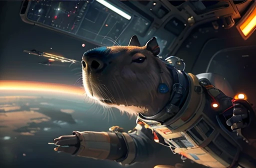 capybara piloting an x-wing spacecraft, determined expression, view into cockpit through window, flight suit, outer space, lasers, space battle, attack formation, planet orbit, nighttime, highly detailed, analog photo, realistic, dutch angle