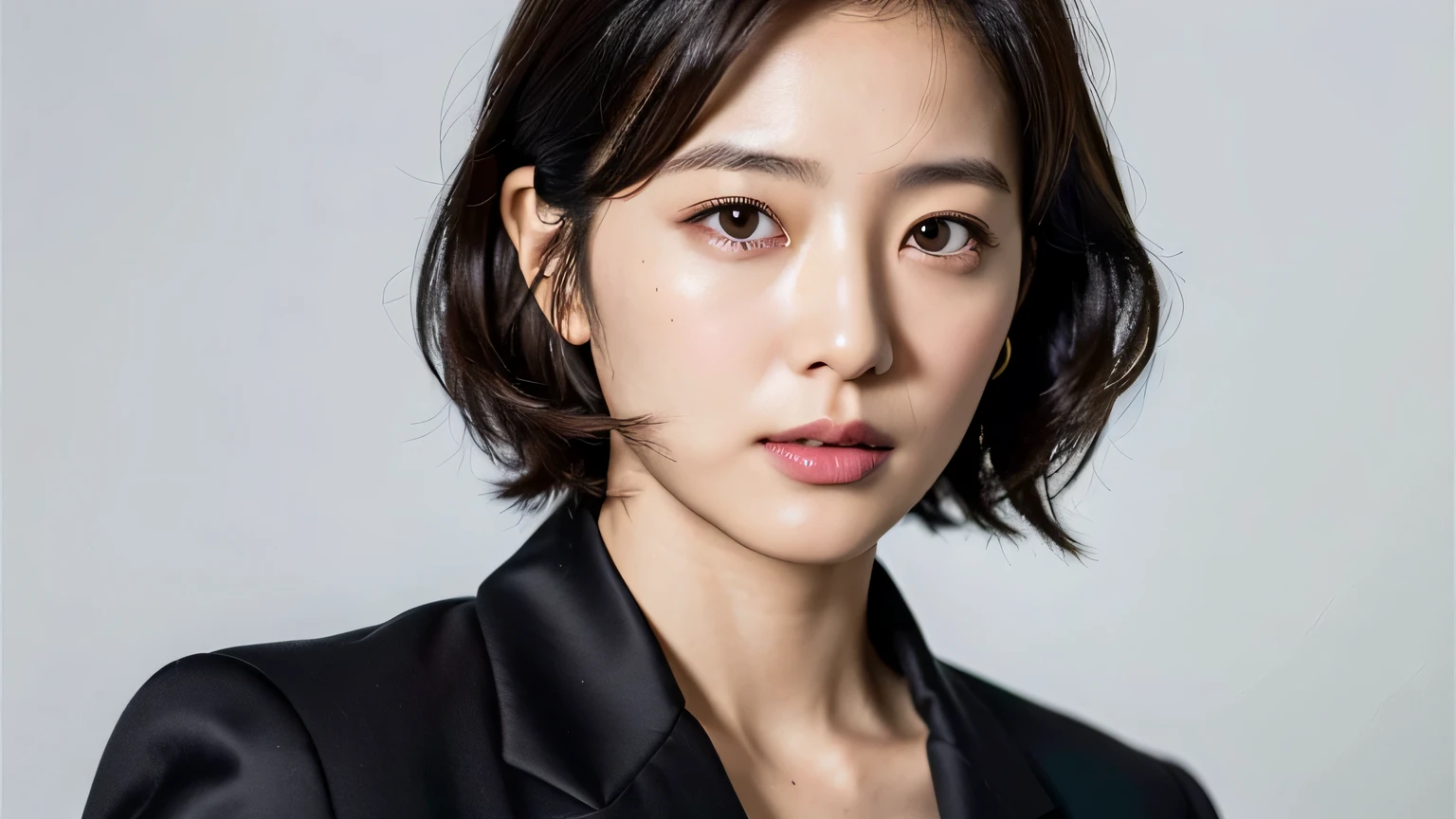 (highest quality, 8k, 32k, masterpiece, Ultra-high resolution:1.2), One girl, Beautiful Japanese Women, Black suit, Open jacket, office lady, from the front, White background, Detailed face, short hair,teacher