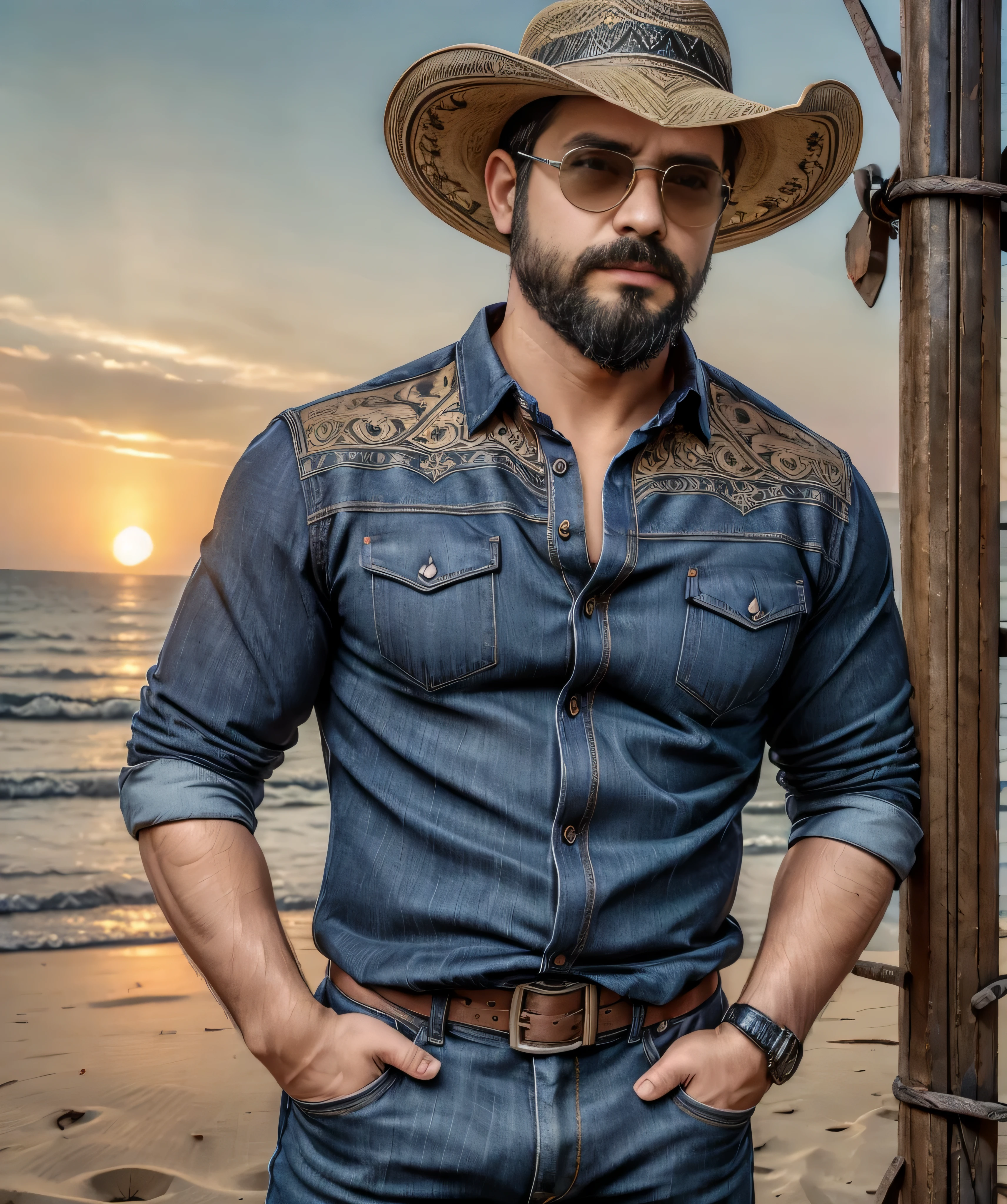 Obra maestra, desenfoque de campo, Parte superior del cuerpo, Hands in pants pockets , 38 year old man with beard., sombrero vaquero y gafas de sol. Man in a plaid shirt in a Netflix drug trafficking series with a sunset in the background.