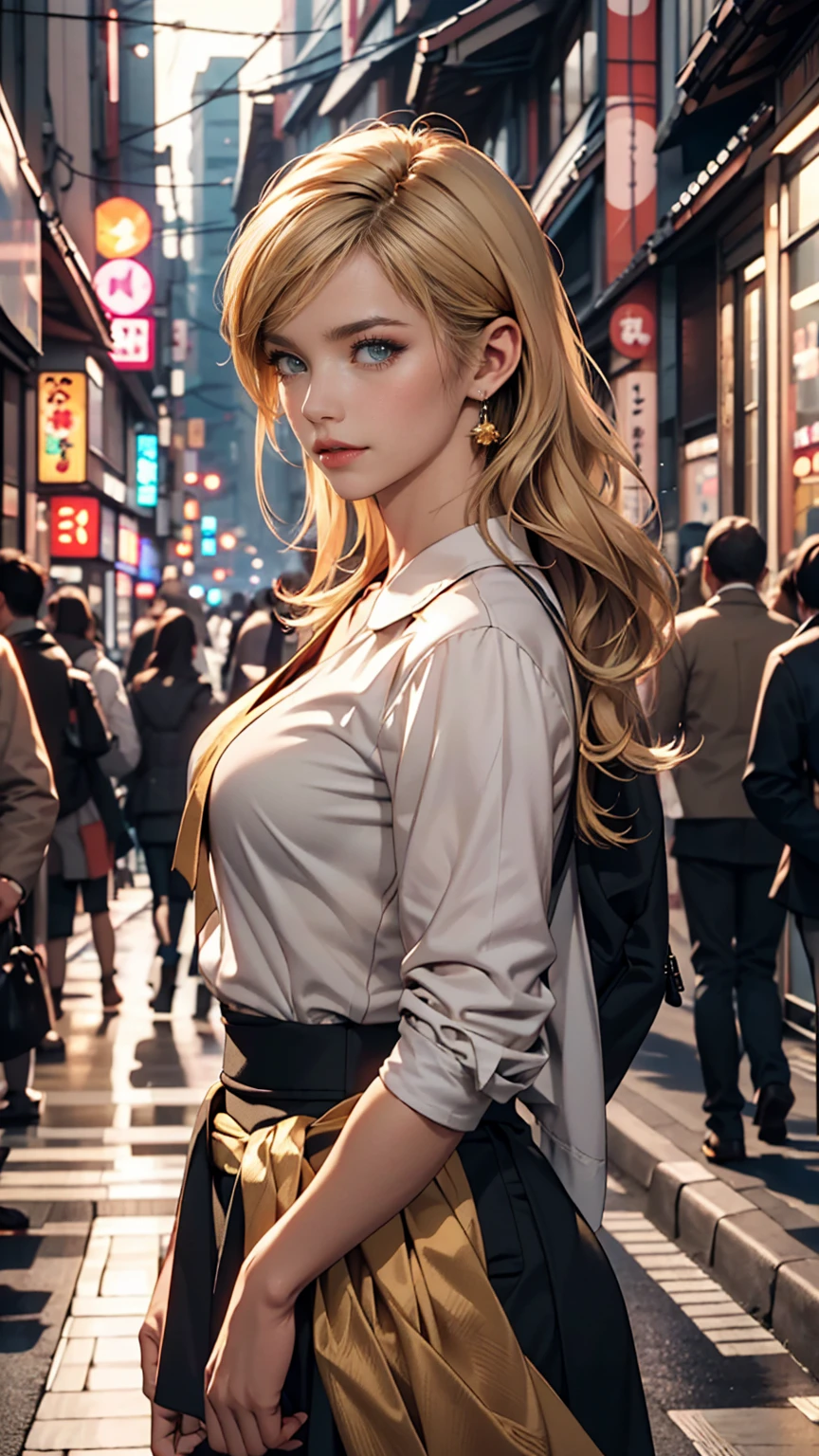 masterpiece, highest quality, 8k, Photographic reality, Realistic, Octane Rendering, Busy streets of Japan (1 female: 1.4), (There's only one woman on screen: 1.3), (White shirt), (Long golden hair), (Hip wrap skirt), (blue eyes) Upper body display