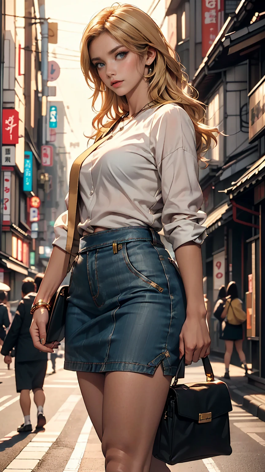 masterpiece, highest quality, 8k, Photographic reality, Realistic, Octane Rendering, Busy streets of Japan (1 female: 1.4), (There&#39;s only one woman on screen: 1.3), (White shirt), (Long golden hair), (Hip wrap skirt), (blue eyes) Upper body display