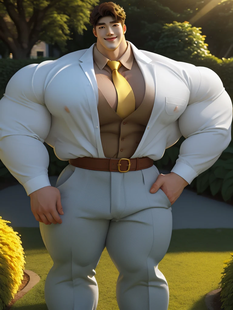 1boy korean male, (korean man with k-pop idol look), giant, model shoot style, looking at viewer, standing, strong body, standing, in the garden, formal suit & pants, prominent large bulge, brutalmass, detailed face, heavy muscular, stubble, photo real, big, brutalmass, giant, muscular body, bulk, massive body, large size, smile, illuminating light, golden hour, outdoor