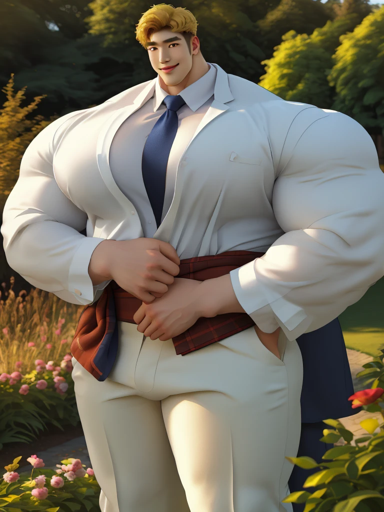 1boy korean male, (korean man with k-pop idol look), giant, model shoot style, looking at viewer, standing, strong body, standing, in the garden, formal suit & pants, prominent large bulge, brutalmass, detailed face, heavy muscular, stubble, photo real, big, brutalmass, giant, muscular body, bulk, massive body, large size, smile, illuminating light, golden hour, outdoor