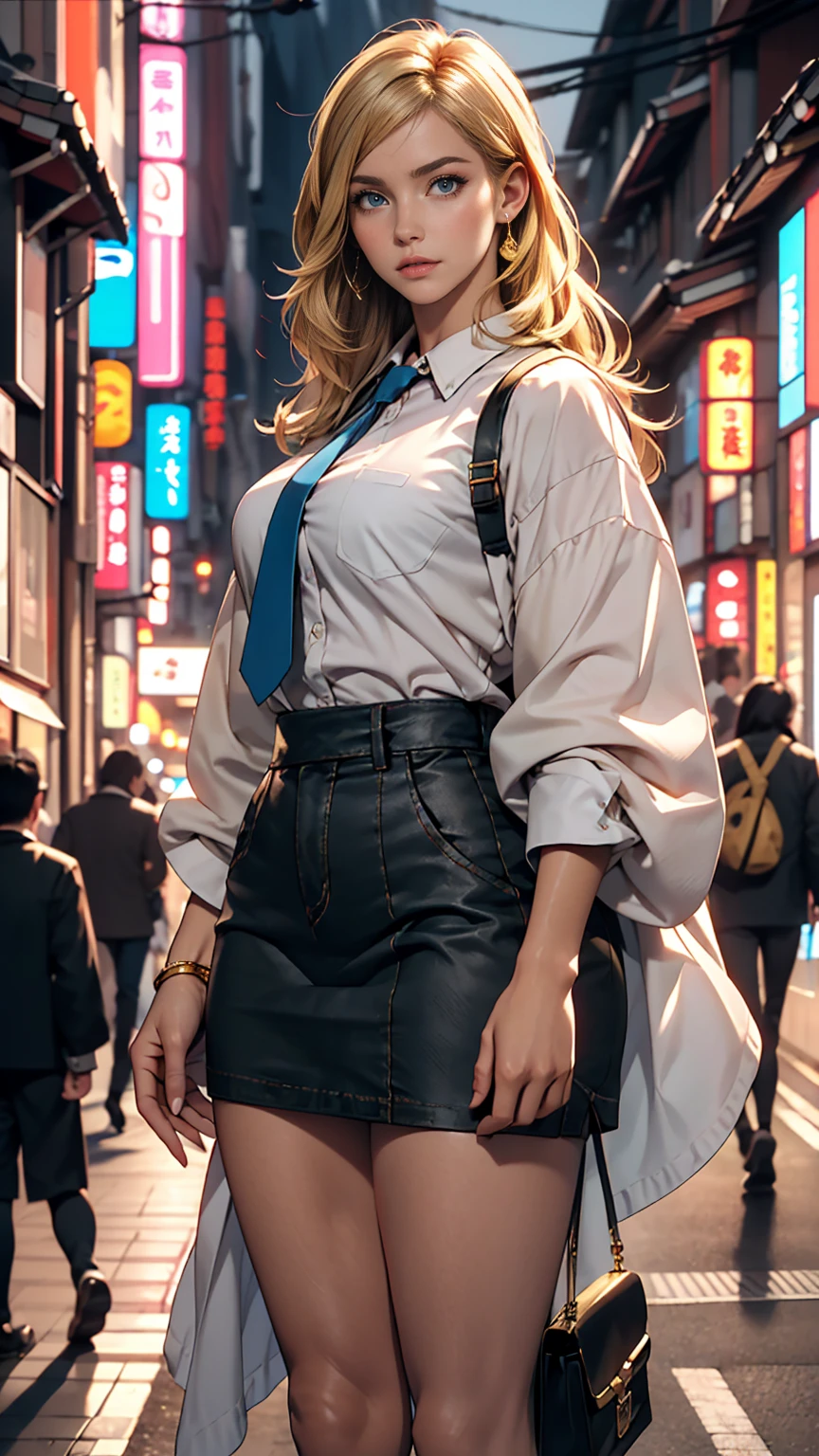 masterpiece, highest quality, 8k, Photographic reality, Realistic, Octane Rendering, Busy streets of Japan (1 female: 1.4), (There's only one woman on screen: 1.3), (White shirt), (Long golden hair), (Hip wrap skirt), (blue eyes) Upper body display