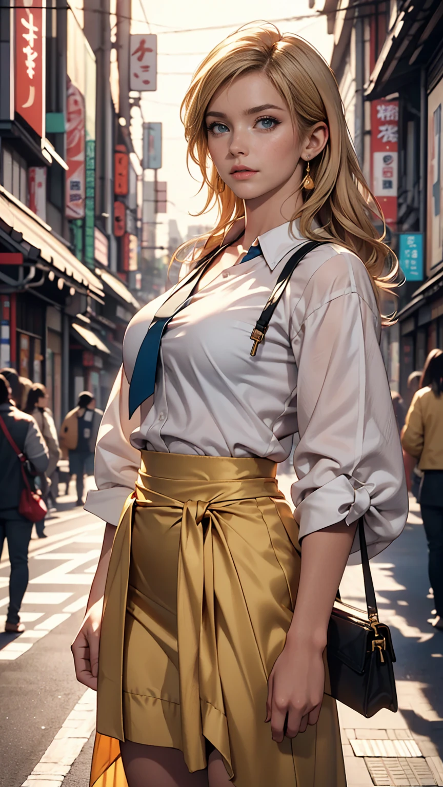masterpiece, highest quality, 8k, Photographic reality, Realistic, Octane Rendering, Busy streets of Japan (1 female: 1.4), (There's only one woman on screen: 1.3), (White shirt), (Long golden hair), (Hip wrap skirt), (blue eyes) Upper body display