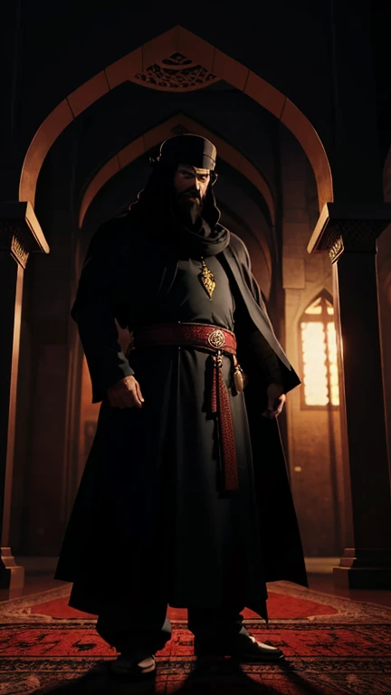 There is a Muslim man in the mosque, his facial hair well-groomed with a thick mustache and beard, adorned with a traditional kopiah cap. But hidden in the shadows behind him, a demon emerges. In 3D drawing style, the demon is depicted as a monstrous figure with menacing features, sharp claws, and fiery red eyes. Its form is outlined against the dimly lit mosque walls, its dark silhouette contrasting with the man's peaceful prayer. The demon's presence looms ominously over the Muslim man, its intentions unknown.