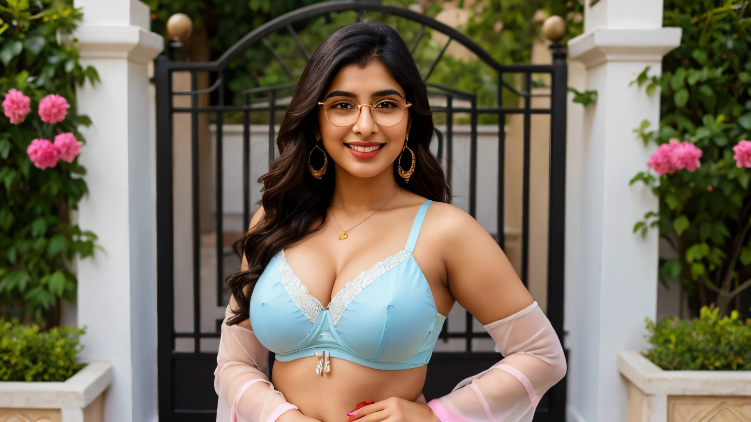 A Pakistani girl with honey color skin tone, black soft and silky hair till shoulders, wearing a light blue salwar with white borders and white chunni, big breasts with bra, she is wearing earrings, wearing 2 light colored bangles on each hand, wearing this spectacles, smiling white teeth, rose color lips, happy and excited, pink nail polish, tilting right as if she is talking to someone sitting on the ground slowly, left hand on her left knee, other hand pushing her open hairs behind her right ear revealing a nice earring, realistic, background has walls, on her left is a low wall with pointy fence, behind her is a metal gate and a wall with a ledge to keep flower pots, its evening time, hyper realistic, wide shot, girl is smiling, showing teeth, full body visible