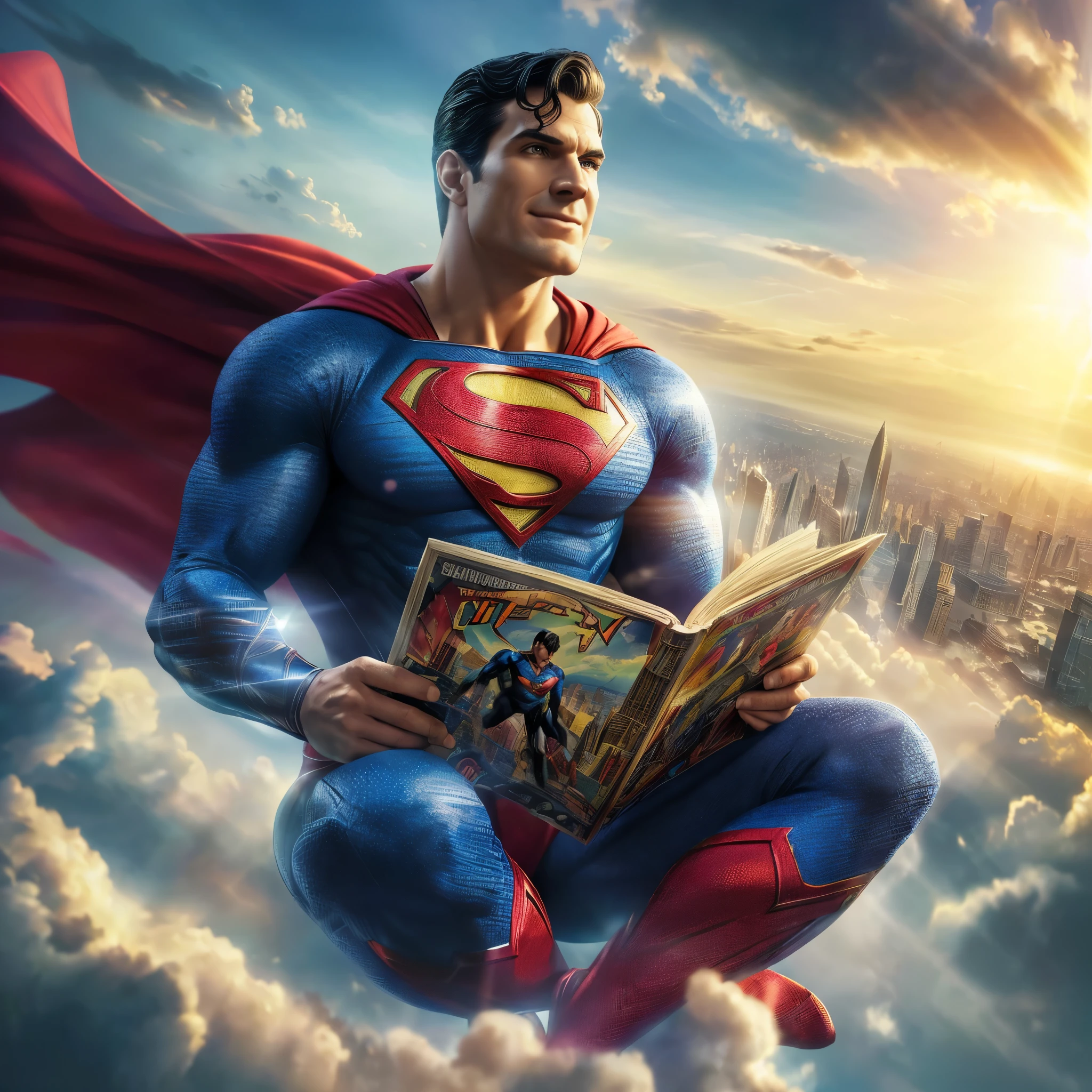 ((very sharp photo result & detailed face)) (((textile shading))), (((Best Quality))), (((masterpiece))), (((hyper realistic photo))) cinematic 3d illustration Superman with classic comic costume smiling & floating in the sky while reading classic action comics #1 comic book, majesty pose, serene background dramatic sky, flare cloud & metropolis cityscape,4K, perfect scenery