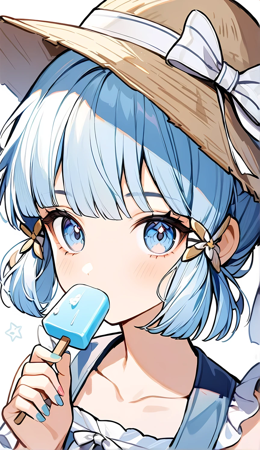 Ayaka from genshin impact, 1girl, solo, hat, food, blue eyes, popsicle, looking at viewer, collarbone, short hair, white background, straw hat, holding, frills, white bow, nail polish, bow,  holding food, simple background, portrait, ribbon, bangs, eyelashes, bare shoulders, white ribbon, hat bow, sleeveless,  hat ribbon, ct-style, beautiful eyes