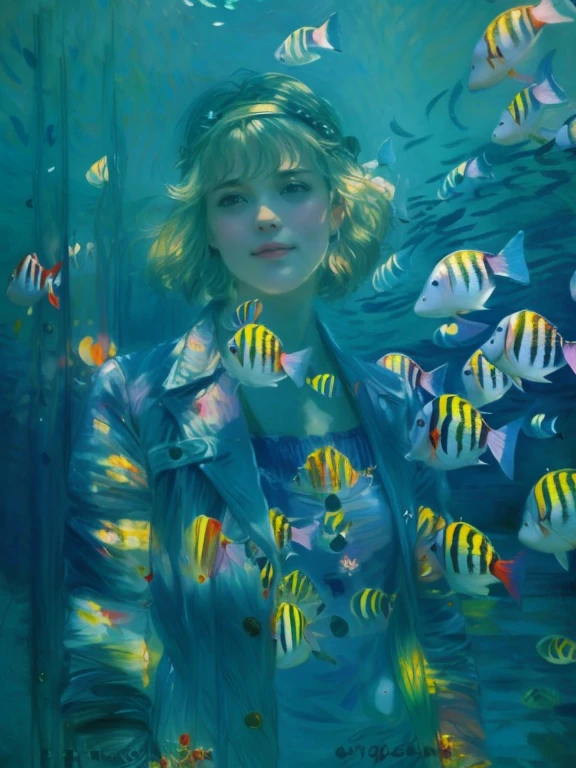 Aquarium with rainbow fish, there is a girl standing behind the glass of the aquarium, Portrait of a 25-year-old girl with long blond hair, dressed in a dress made of light material, standing in a meadow among flowers, Brome art, the image of an epic fantasy character, portrait of a character, fantasy art, works by Richard Schmid, A.Mucha, Volegov, impressionism, your crush