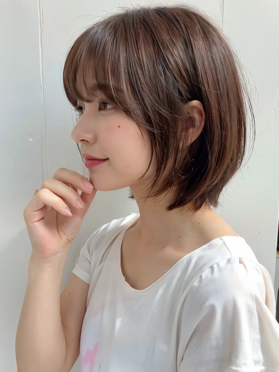 White wall、Taken in front of a white door、(Dark pink hair color)、(8k、Live Shooting、highest quality、masterpiece:1.2)、High-quality RAW color photos、Professional photos、(Genuine、フォトGenuine:1.37)、Photographed in natural light、1 girl、Lazy smile、(Various poses)、Blake is (Ombre:1.3) 、Spring Clothes、 necklace、(Beautiful profile:1.3)、Don'Don't look at the camera、profile、Shortcuts、((Brown Hair))、short hair、The eye color is dark brown、(Beautiful profile:1.3)、Correct hand of human body、Look Down、White blouse