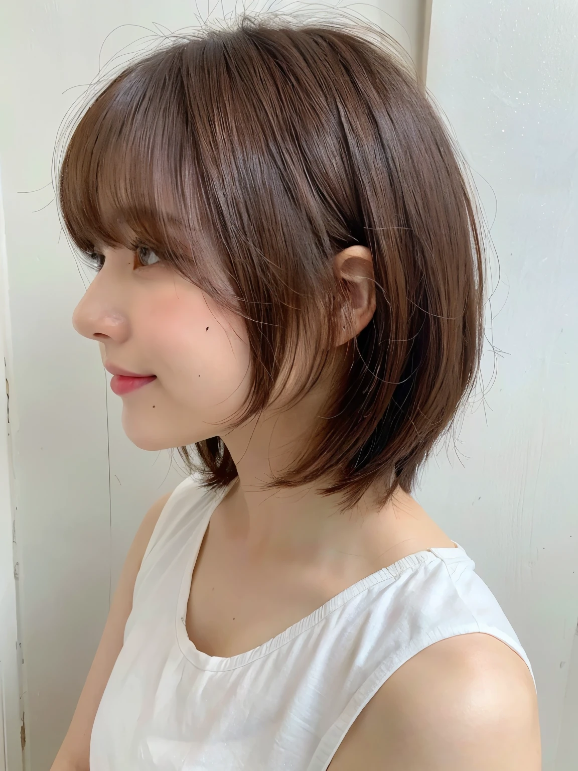 White wall、Taken in front of a white door、(Dark pink hair color)、(8k、Live Shooting、highest quality、masterpiece:1.2)、High-quality RAW color photos、Professional photos、(Genuine、フォトGenuine:1.37)、Photographed in natural light、1 girl、Lazy smile、(Various poses)、Blake is (Ombre:1.3) 、Spring Clothes、 necklace、(Beautiful profile:1.3)、Don'Don't look at the camera、profile、Shortcuts、((Brown Hair))、short hair、The eye color is dark brown、(Beautiful profile:1.3)、Correct hand of human body、Look Down、White blouse