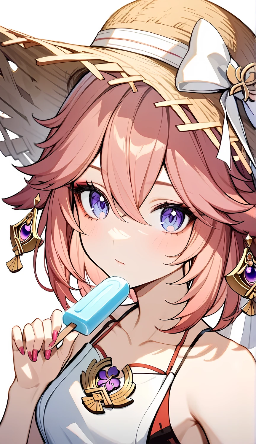Yae Miko from genshin impact, 1girl, solo, hat, food, blue eyes, popsicle, looking at viewer, collarbone, short hair, white background, straw hat, holding, frills, white bow, nail polish, bow, holding food, simple background, portrait, ribbon, bangs, eyelashes, bare shoulders, white ribbon, hat bow, sleeveless, hat ribbon, ct-style, beautiful eyes